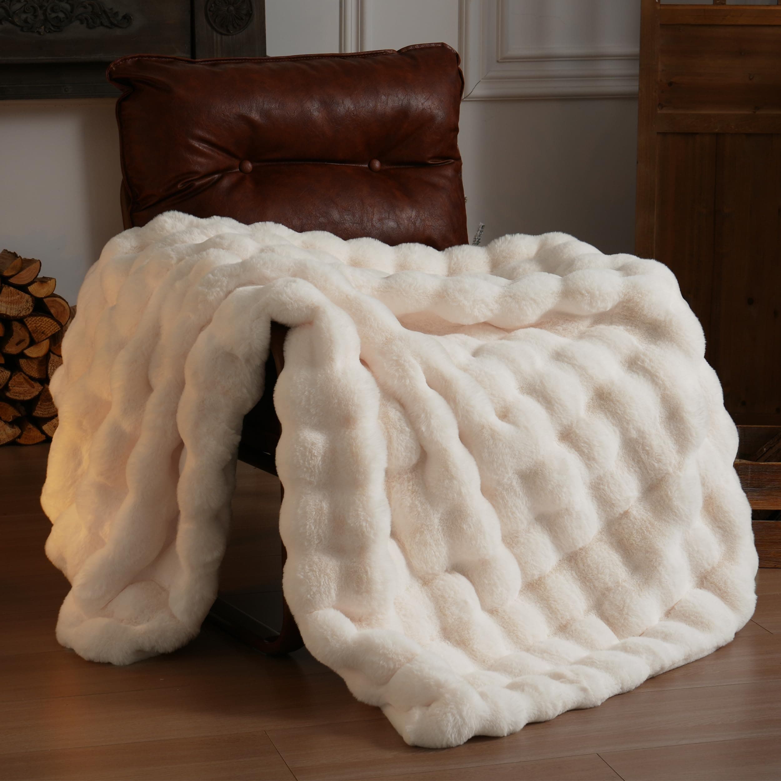 Faux Fur Throw Blanket for Couch - Thickened Fluffy Soft Bubble Blanket for Living Room Home Decor - Mothers Day Birthday Gifts for Women Men, Cream White, 50" x 60", 1300GSM