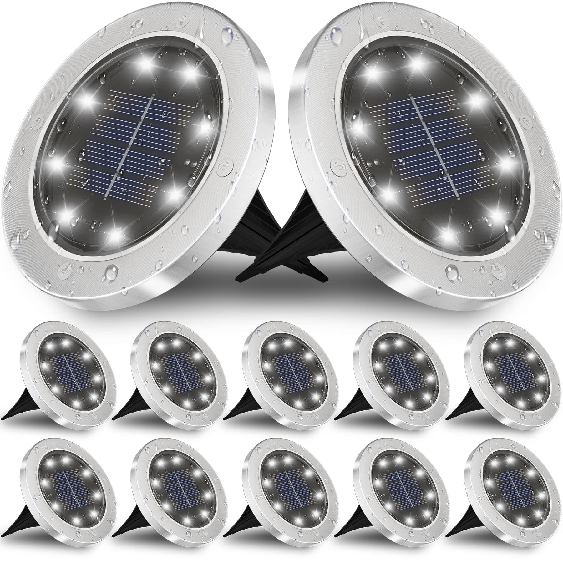 Otdair Solar Ground Lights, 8 LED Outdoor Solar Disk Lights, Waterproof In-Ground Lights, Solar Garden Lights, Landscape Lights for Pathway, Yard, Deck, Patio, Walkway (White Light, 12 pcs)
