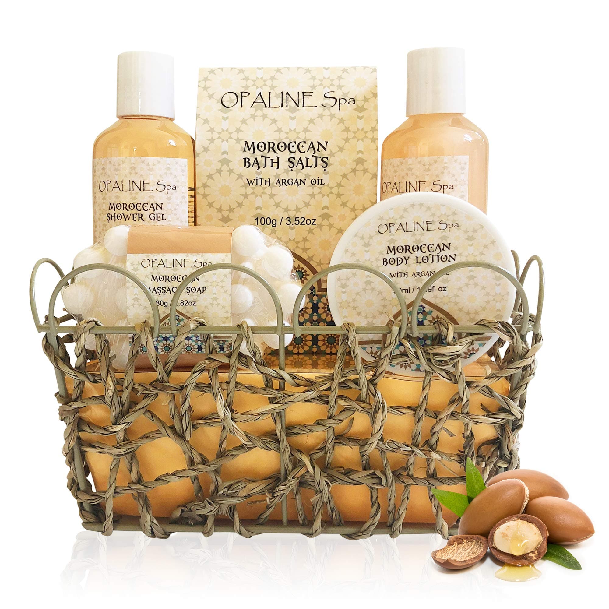 Moroccan Bath Gift Basket Set in 150ml shower gel, 50ml body lotion, 150ml bubble bath, 100gm bath salts, 80g massage soap