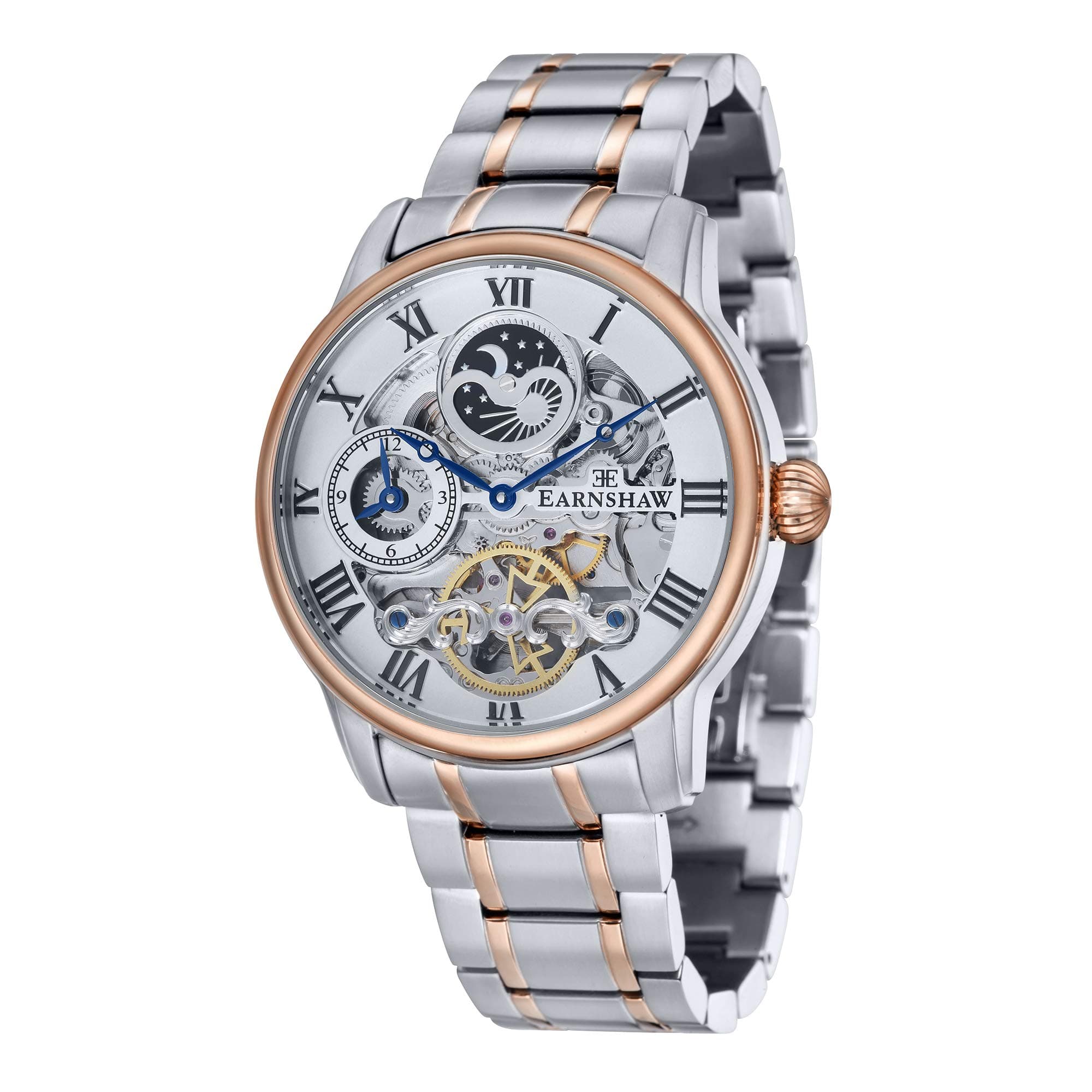 Mens 44mm Longitude Dual Time Automatic Skeleton Watch with 12 Hour Dual Time, Sun & Moon Display and Decorated Rotor ES-8006