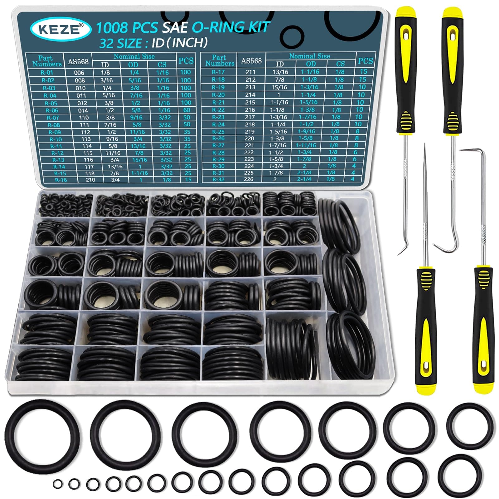 KEZE 32 Size 1008 Pcs SAE Rubber O Rings Assortment Kit