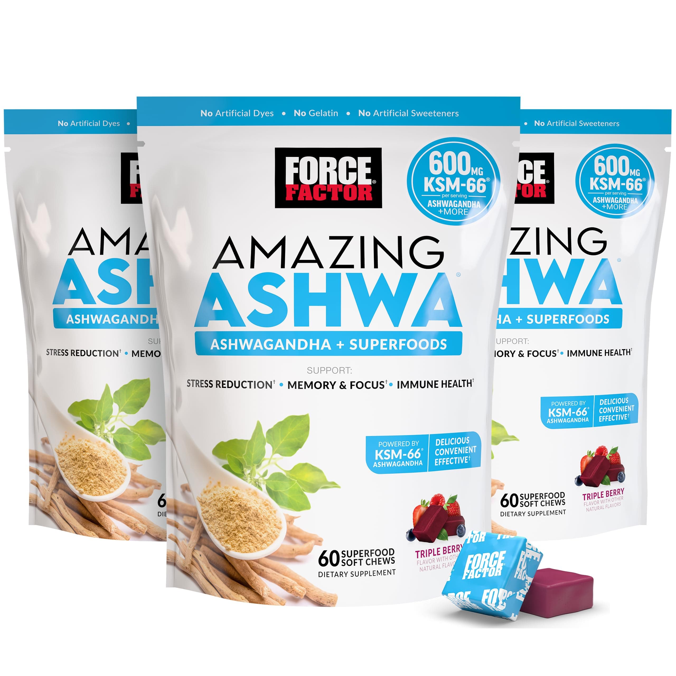 Force Factor Amazing Ashwa for Stress Relief, Memory, Focus, and Immune Support Health, Ashwaganda Supplement with KSM-66 Ashwagandha for Stress, 180 Soft Chews