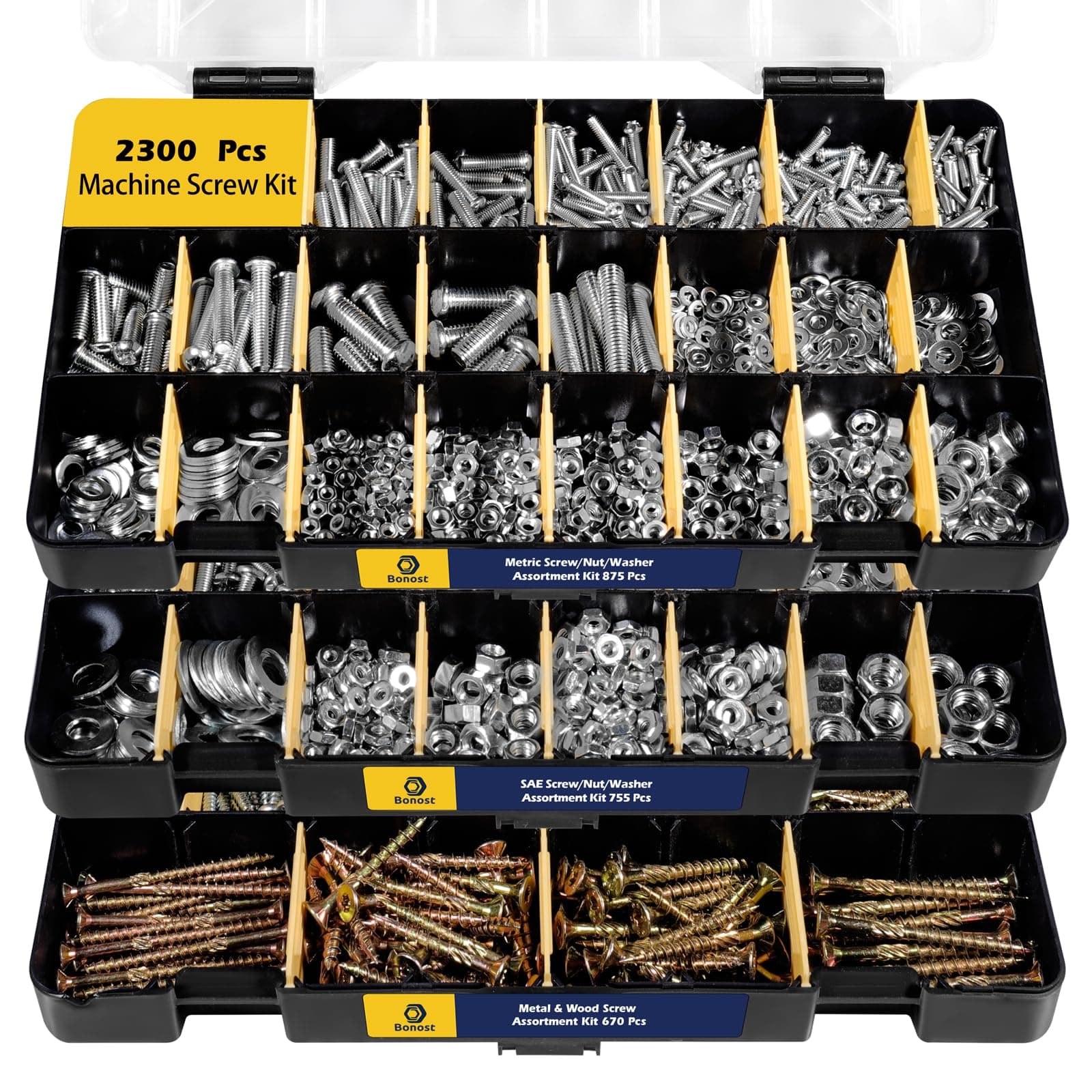 2140 Pieces Hardware Assortment Kit - Metric & SAE Machine Screw Assortment Kit with Assorted Nuts, Bolts, and Washers (3 Trays)