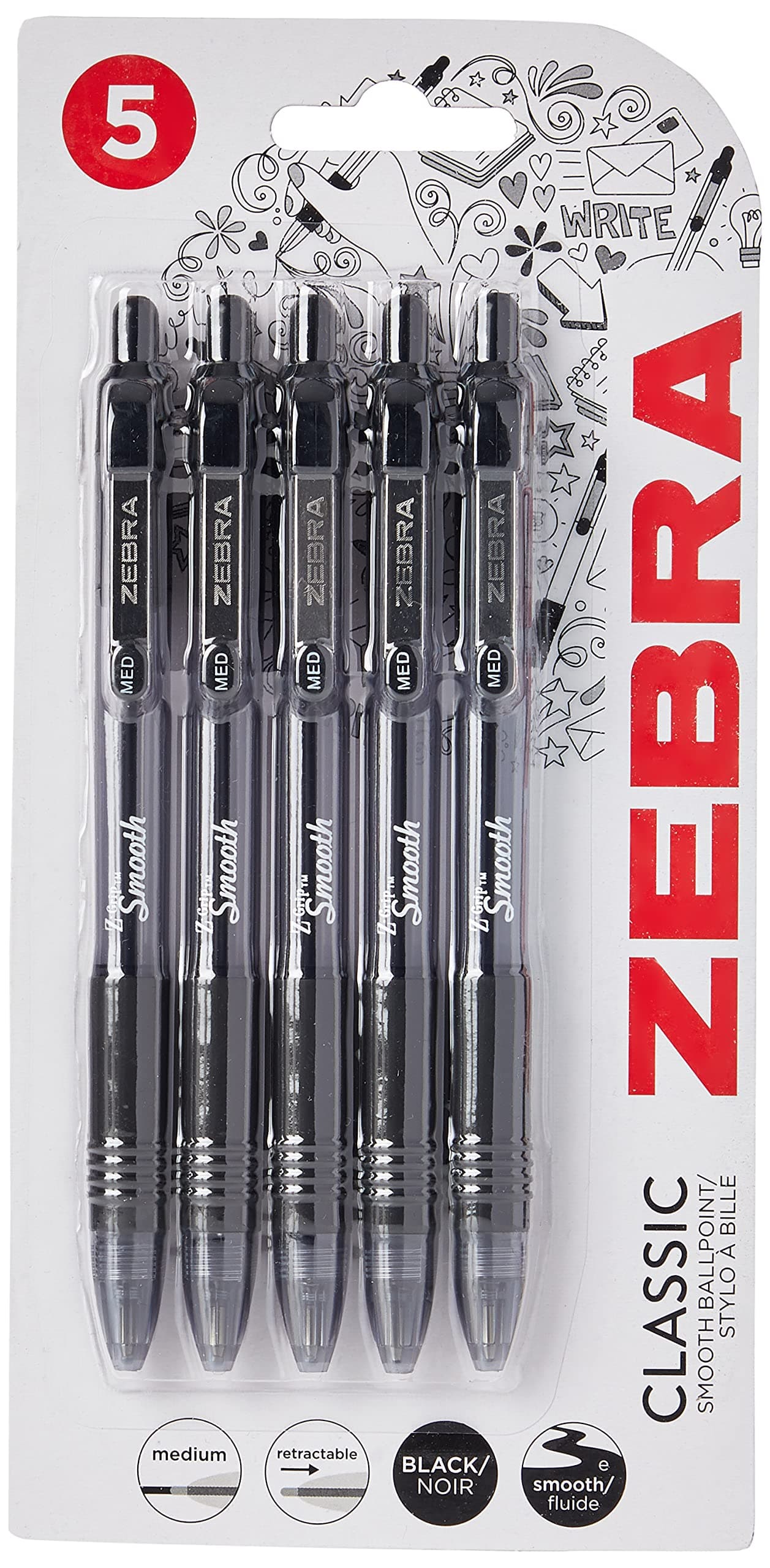 Zebra Z-Grip Retractable Ballpoint Pen Smooth Black (Pack of 5)