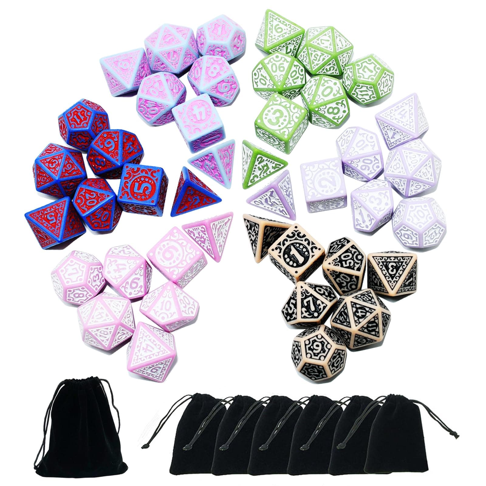 SmartDealsPro Retro Polyhedral Dice Sets with Pouches for D&D DND RPG MTG Dungeon and Dragons Table Board Roll Playing Games D4 D6 D8 D10 D% D12 D20