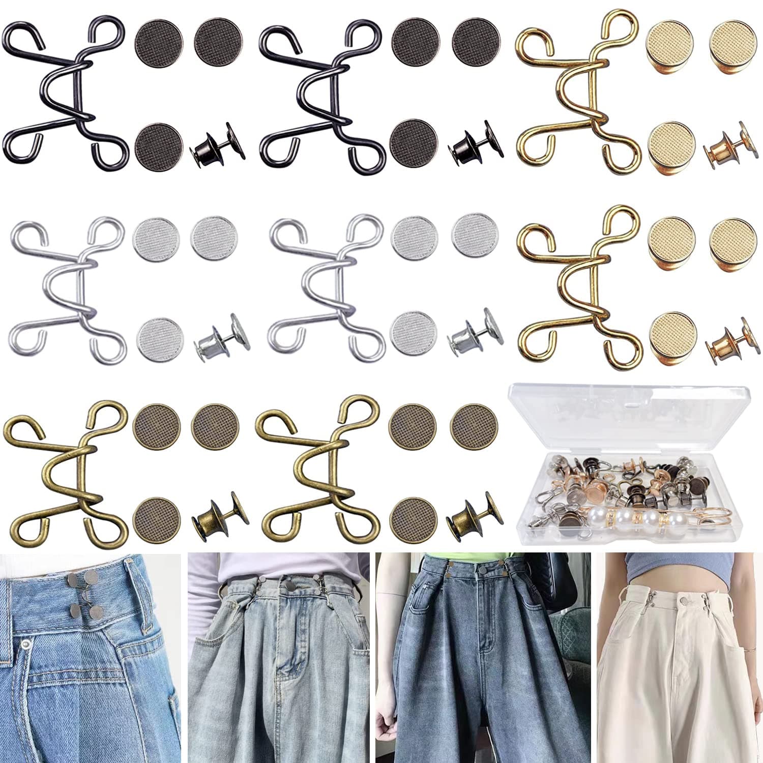 48 Pieces Adjustable Waist Buckle Extender Set, 8 Set 4 Style Jean Button Pins No Sewing Pants Clips for Waist