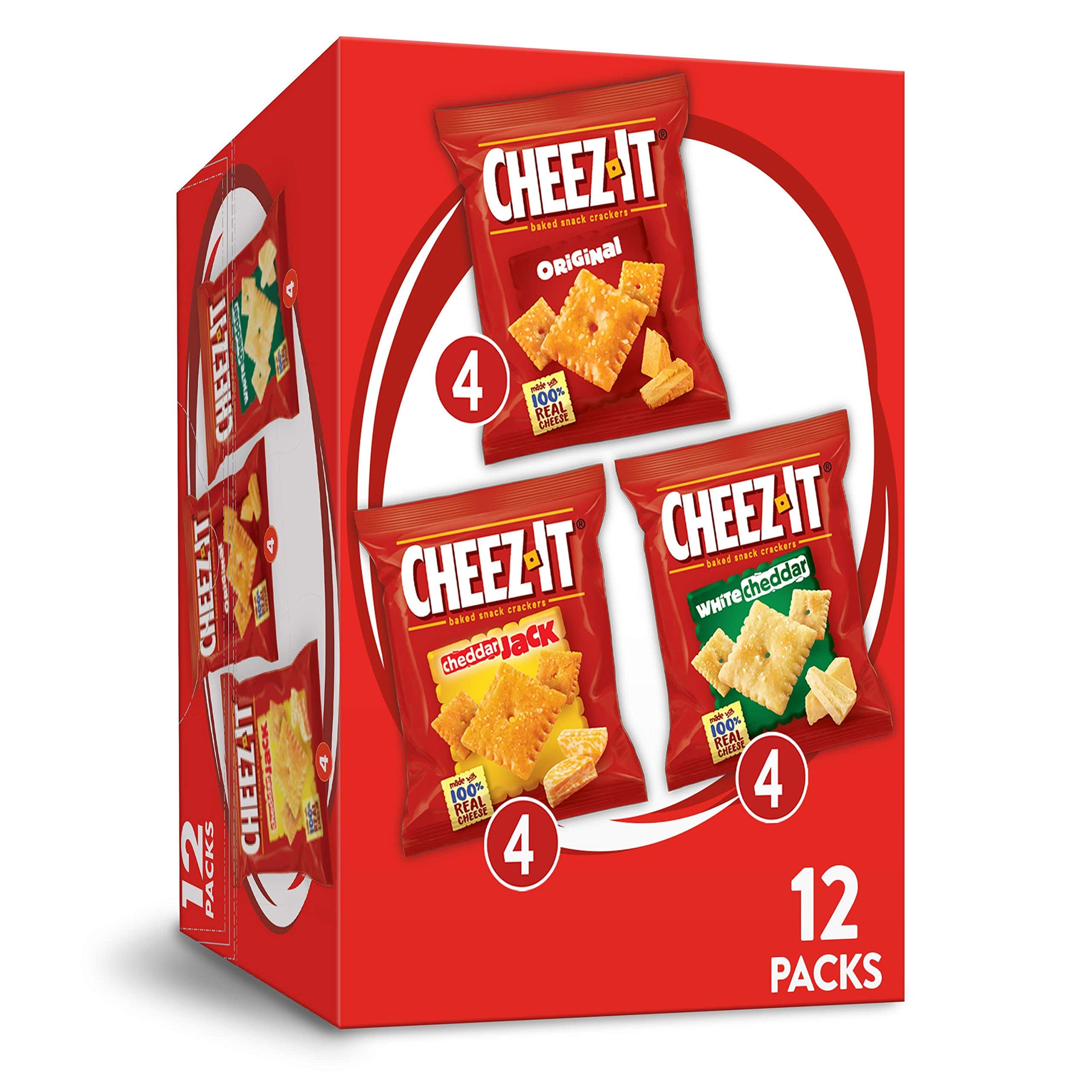 Cheez-It Baked Snack Cheese Crackers, Variety Pack, Original, White Cheddar, Cheddar Jack, 1.02 oz Bags (12 Count)