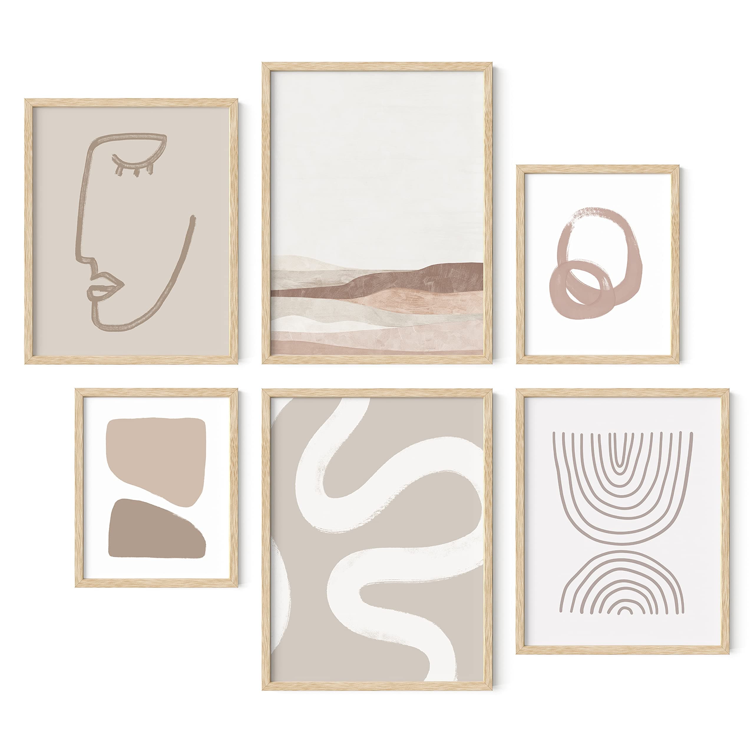 HAUS AND HUES with Beige Frame Boho Art Wall Decor - Set of 6 Neutral Mid Century Modern Wall Art, Minimalist Wall Art, Neutral Wall Decor, Beige Boho Posters Aesthetic Gallery Wall (with Beige Frame)