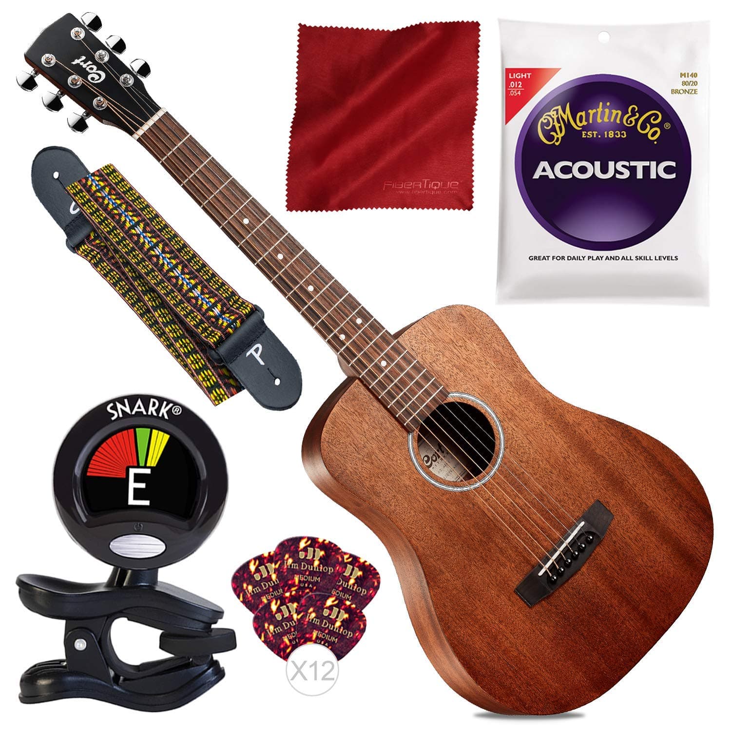 Cort ADMINI Mahogany Standard Series 3/4 Size Mini Dreadnought Acoustic Guitar with Strap, Tuner, and Starter Pack Bundle