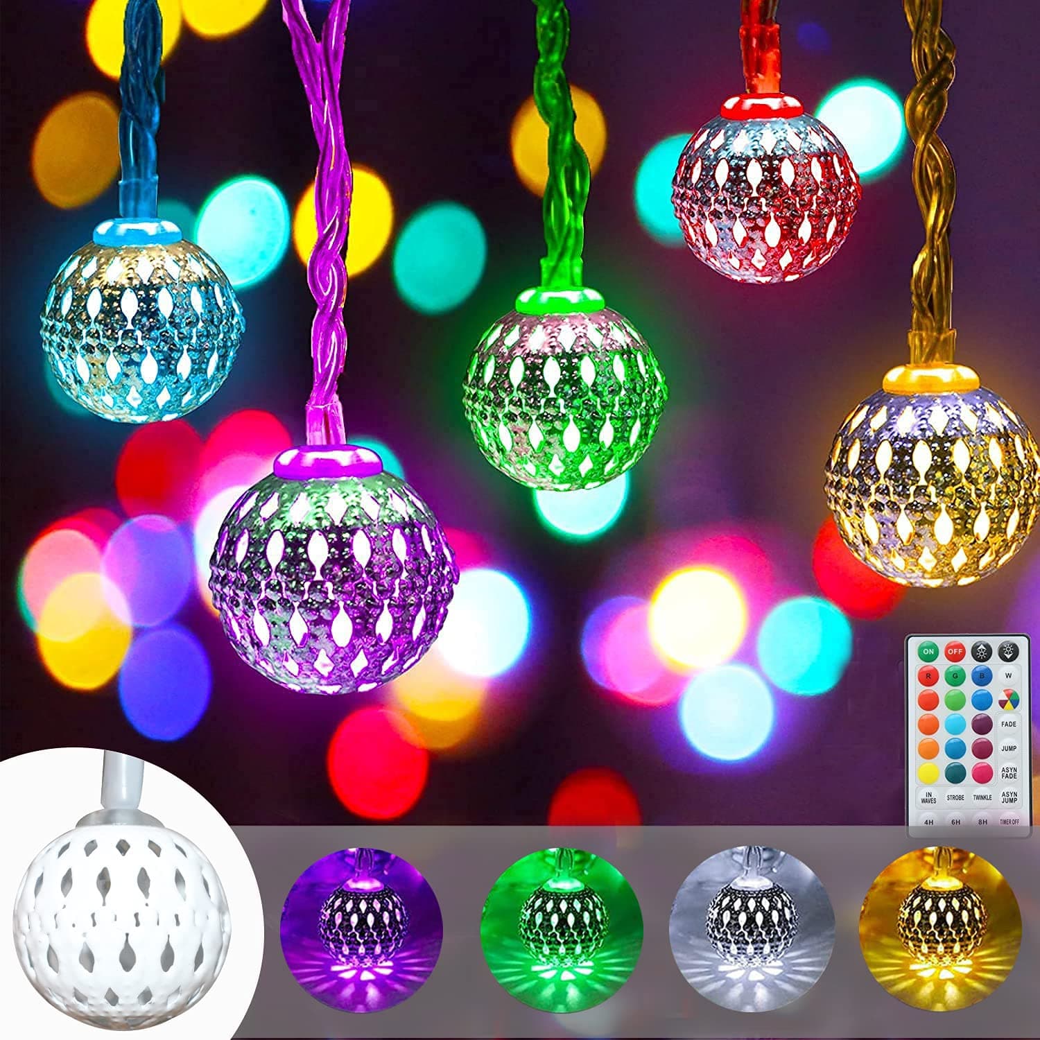 50 LED Colors Changing Globe String Lights Christmas Outdoor, 33FT Moroccan Colorful Lights, Metal Ball Decorative Hanging Lights Multicolored Xmas Tree Lights for Bedroom Garden Wedding Party Decor