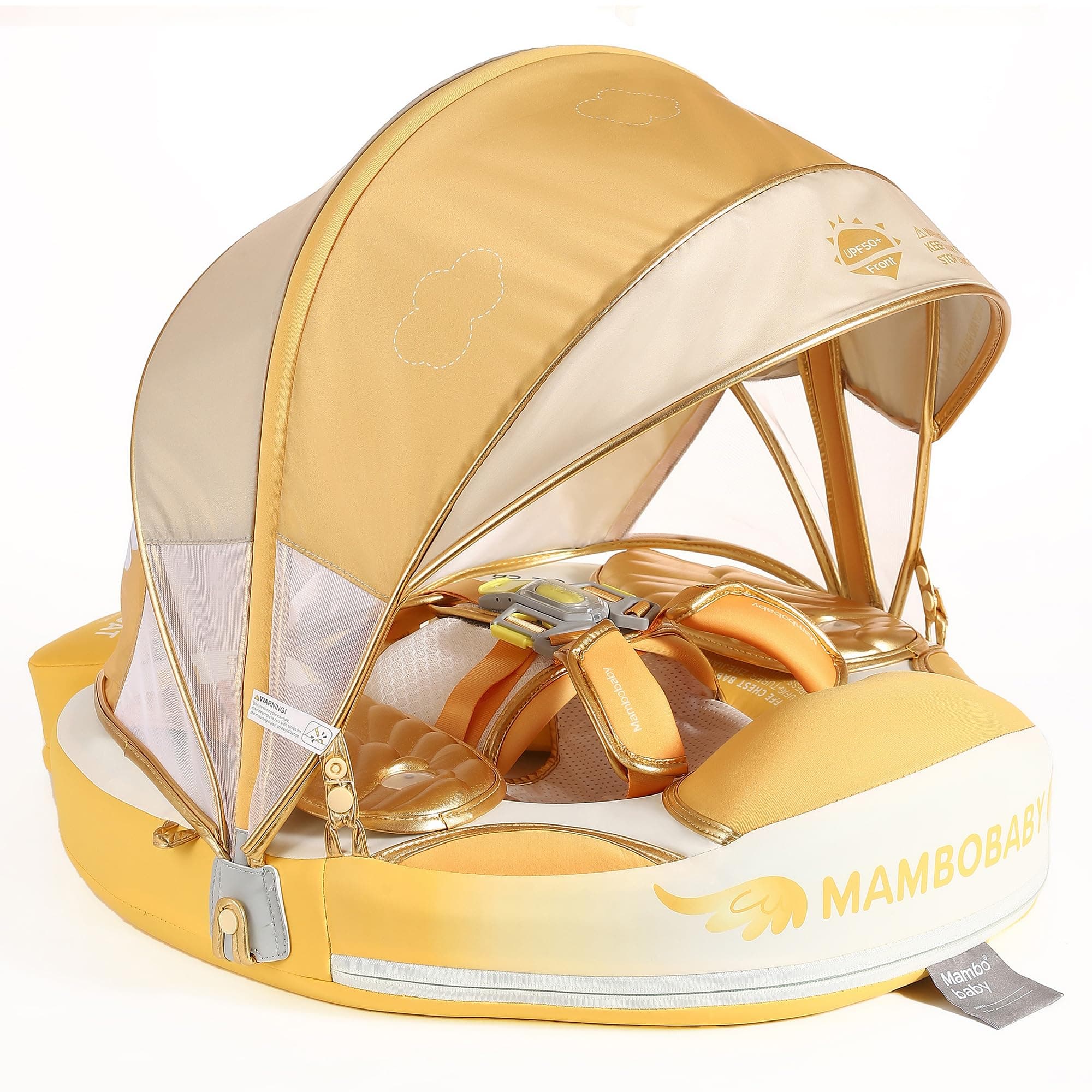 Mambobaby Float Add Tail Baby/Infant Swim Float with Canopy, Non-Inflatable Solid Upgrade Soft Waterproof Skin-Friendly Leather Material (Global Limited Edition Gold)