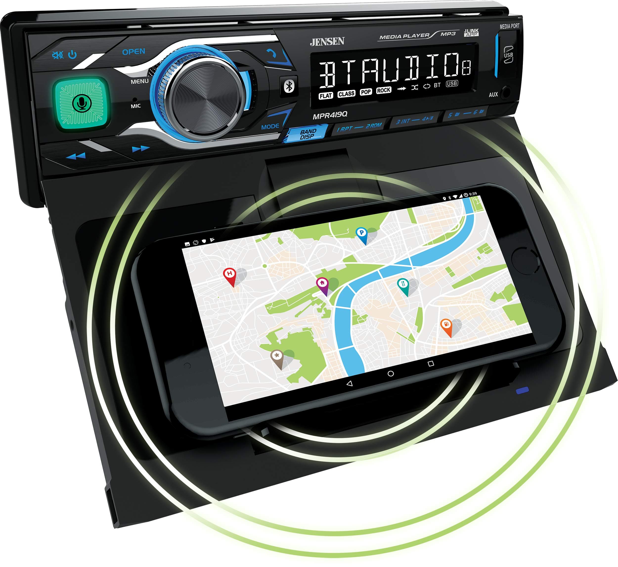 JENSEN MPR419Q 7 Character LCD Single DIN Car Stereo Receiver | Motorized Phone Mount with Qi Wireless Charging | Push to Talk Assistant | Bluetooth | USB