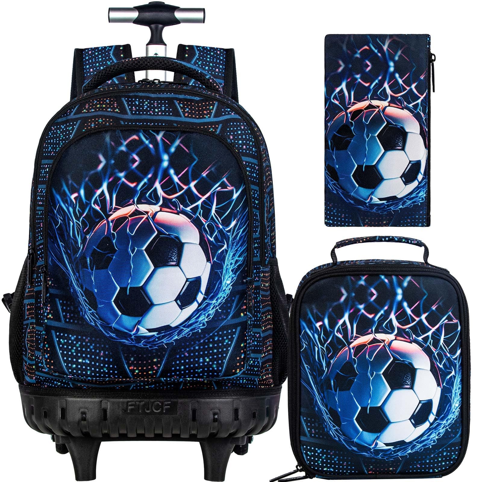 3PCS Soccer Rolling Backpack for Boys, Kids School Backpacks with Wheels, Water Resistant Roller Wheeled Bookbag Set with Lunch Box