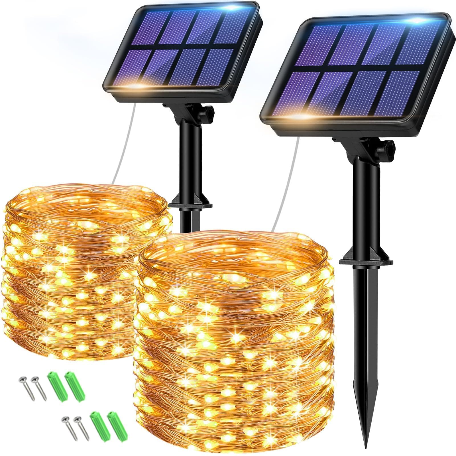 btfarm 2 Pack Solar String Lights Outdoor Garden Waterproof, Total 16M/53FT 160 LED Solar Powered Fairy Lights, 8 Modes Copper Wire Lights for Patio Yard Party Christmas
