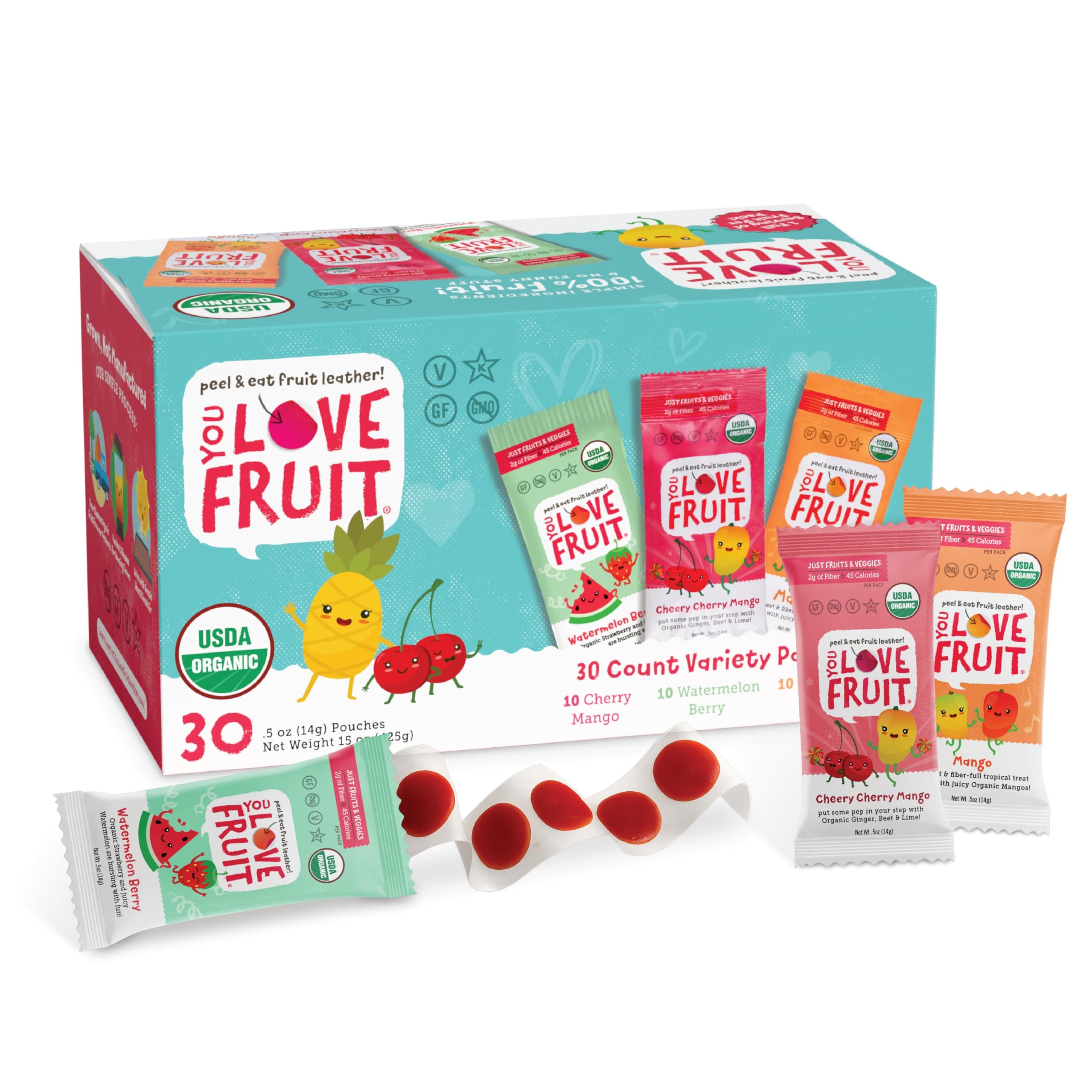 YOU LOVE FRUIT - Fruit Snacks Variety Pack 30 count, 100% Natural Gluten-Free, Vegan, Low Carb, Low Fat Fruit Kosher Snacks for Kids, College Students, Teachers and Offices, Healthy Fruit Snacks (Cherry, Watermelon, Mango)