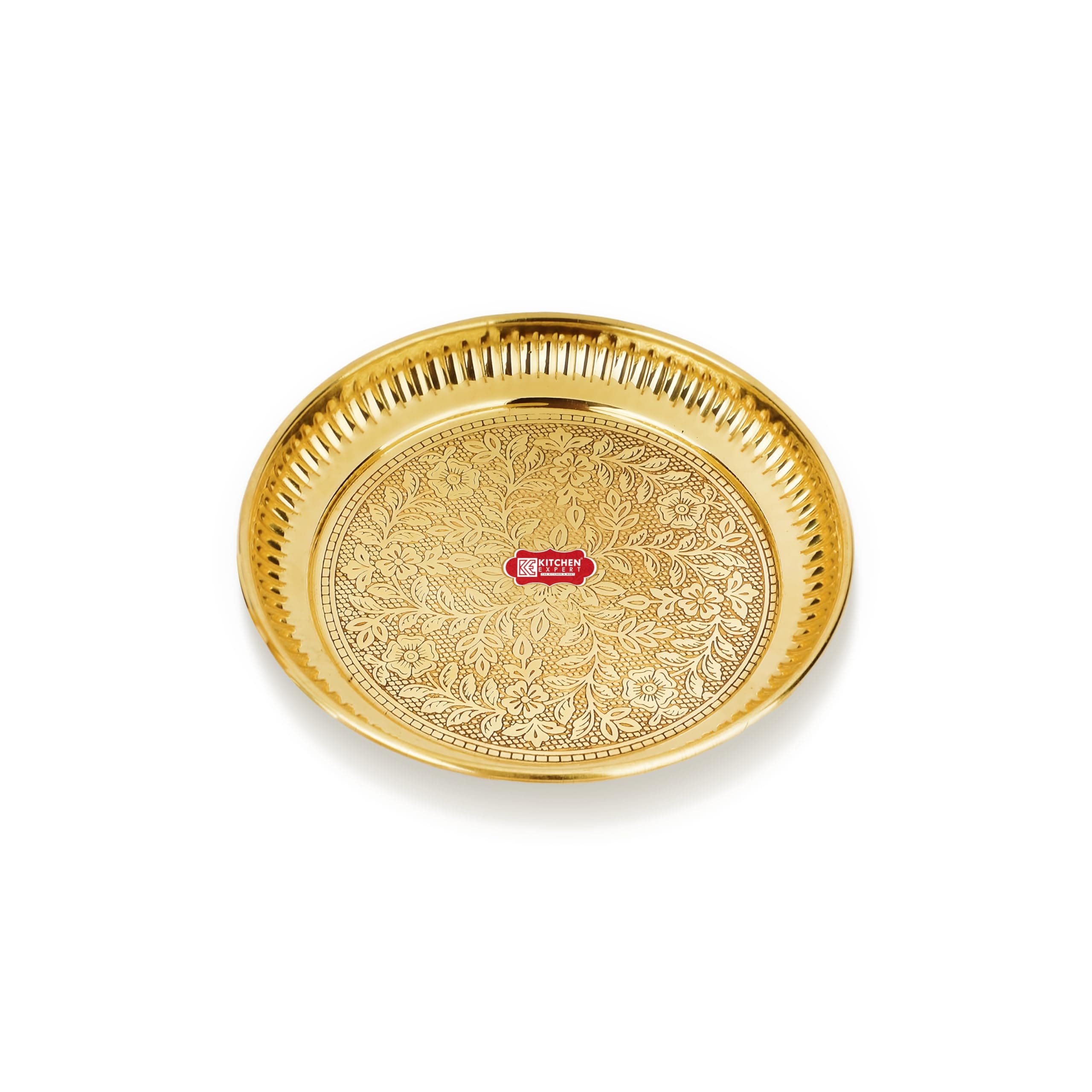 Kitchen Expert Small Brass Pooja Plate | 10cm | Engraved Floral Design | Ideal for Puja/Prasad/Dia | Handcrafted Solid Brass Plate