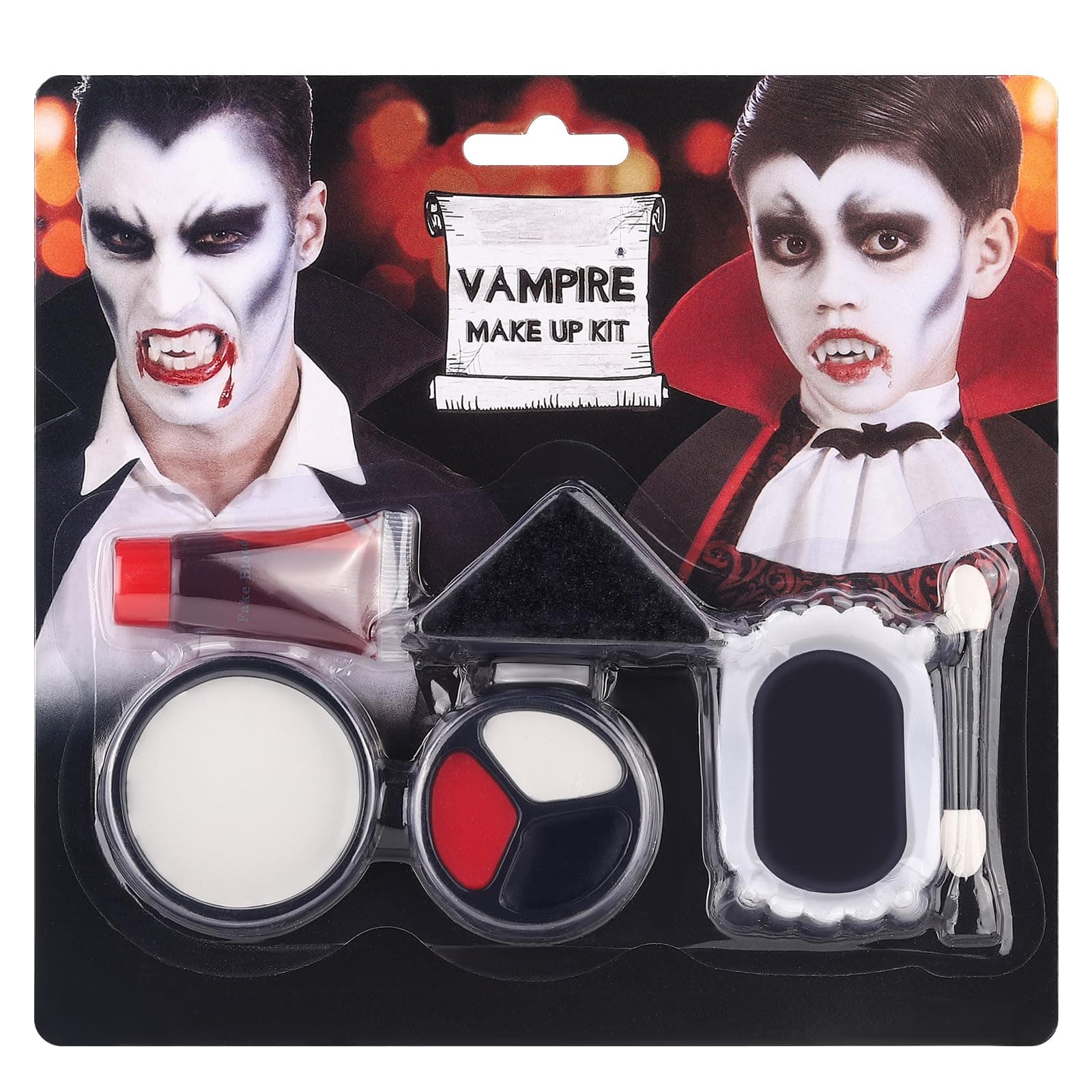 6PCS Halloween Makeup Set Includes Fake Blood, Black White Red Face Body Paint, Vampire Teeth Fang and Stipple Sponge for Costumes, Cosplay, Dress-Up