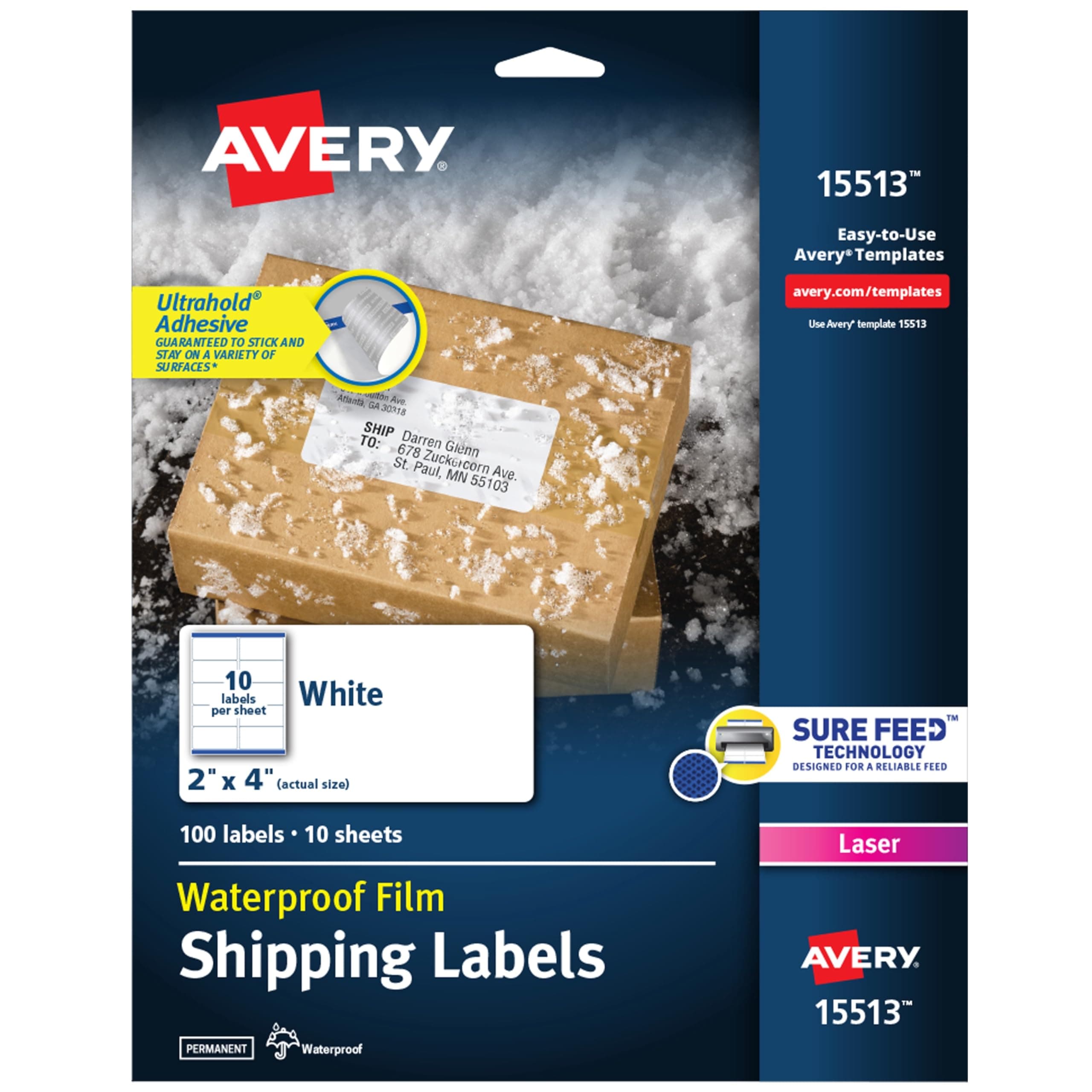 Waterproof Labels with Ultrahold Adhesive, 2" x 4", Case of 500 Labels for Laser Printers (15513)