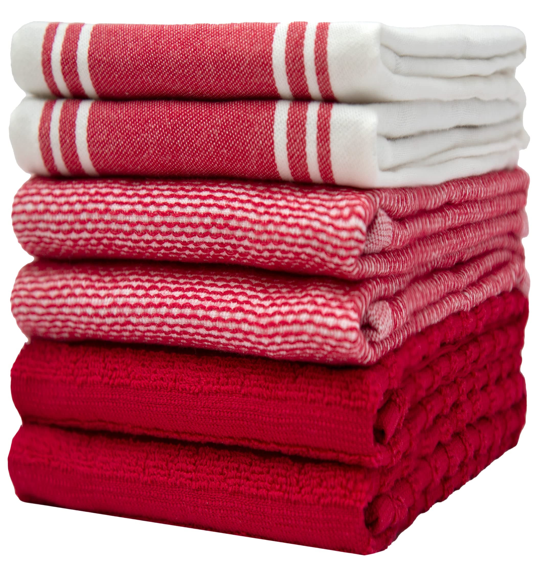 Premium Kitchen Towels 6 Pack | Large Cotton Kitchen Hand Towels | Soft & Absorbent Tea Towels with Hanging Loop | Vintage Striped Flat Terry Towel - Red (50 x 70cm)