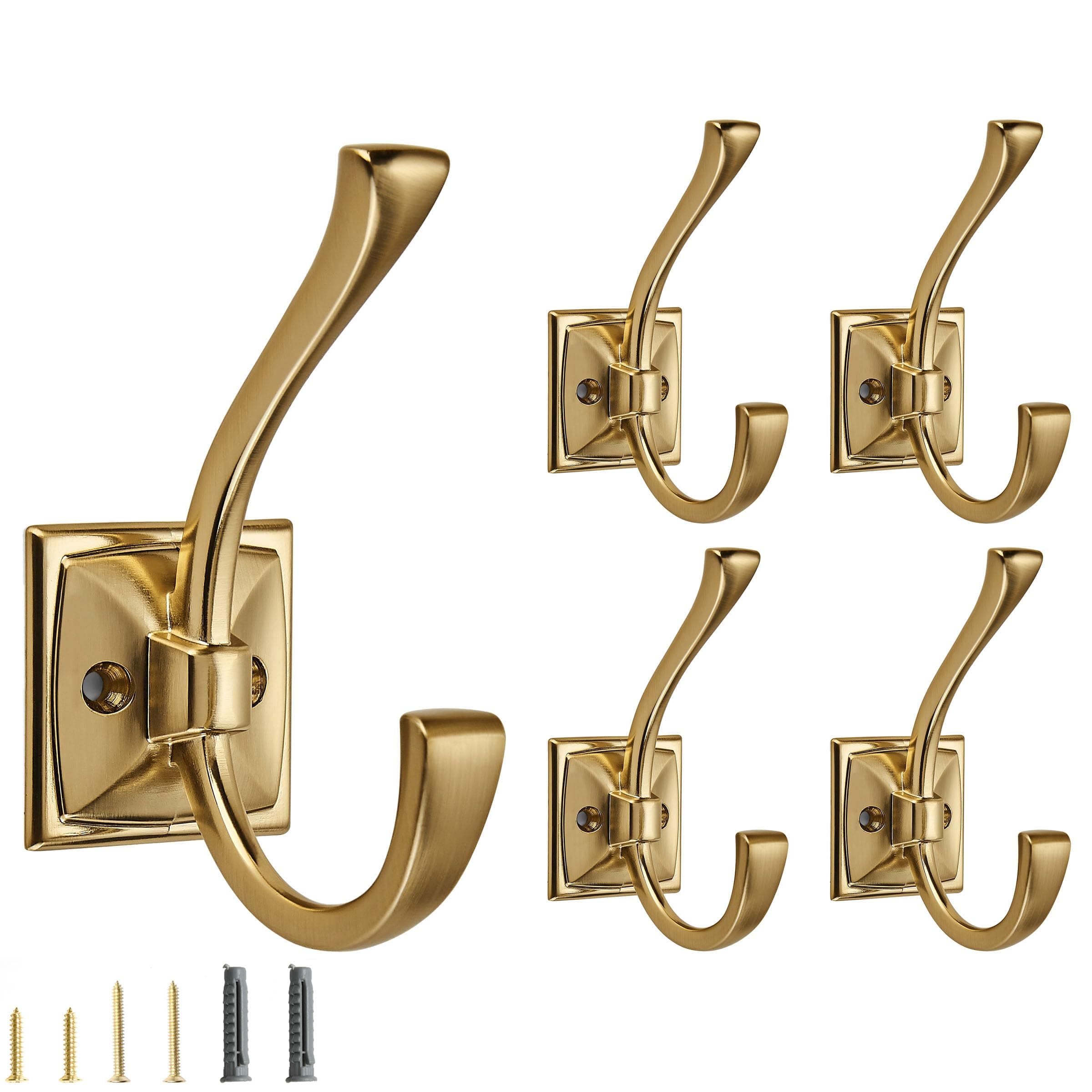 5 Pack Decorative Heavy Duty Towel Hooks for Hanging Robe Double Brushed Brass Coat Hooks Wall Mounted with Screws for Key, Towel, Bags, Cup, Hat