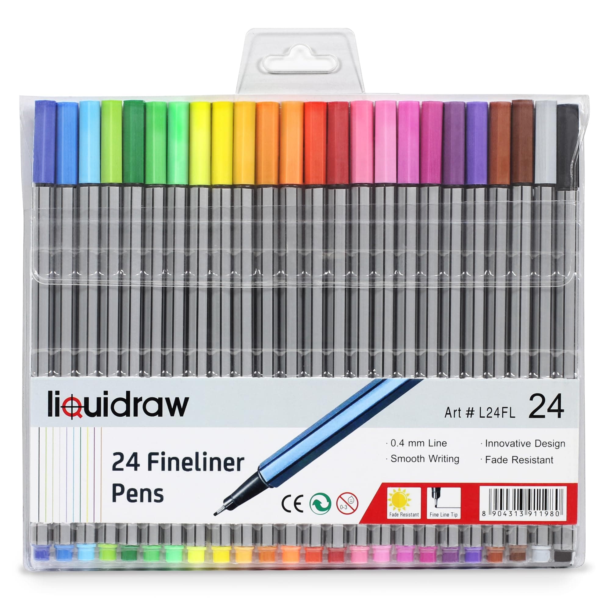 Liquidraw Fineliner Colouring Pens - 24 Pack | 0.4 mm Fine Tip | Assorted Vibrant Colours | Innovative Design Ideal for School, Work & Office Use | Easy Storage See-Through Wallet | Fade Resistant