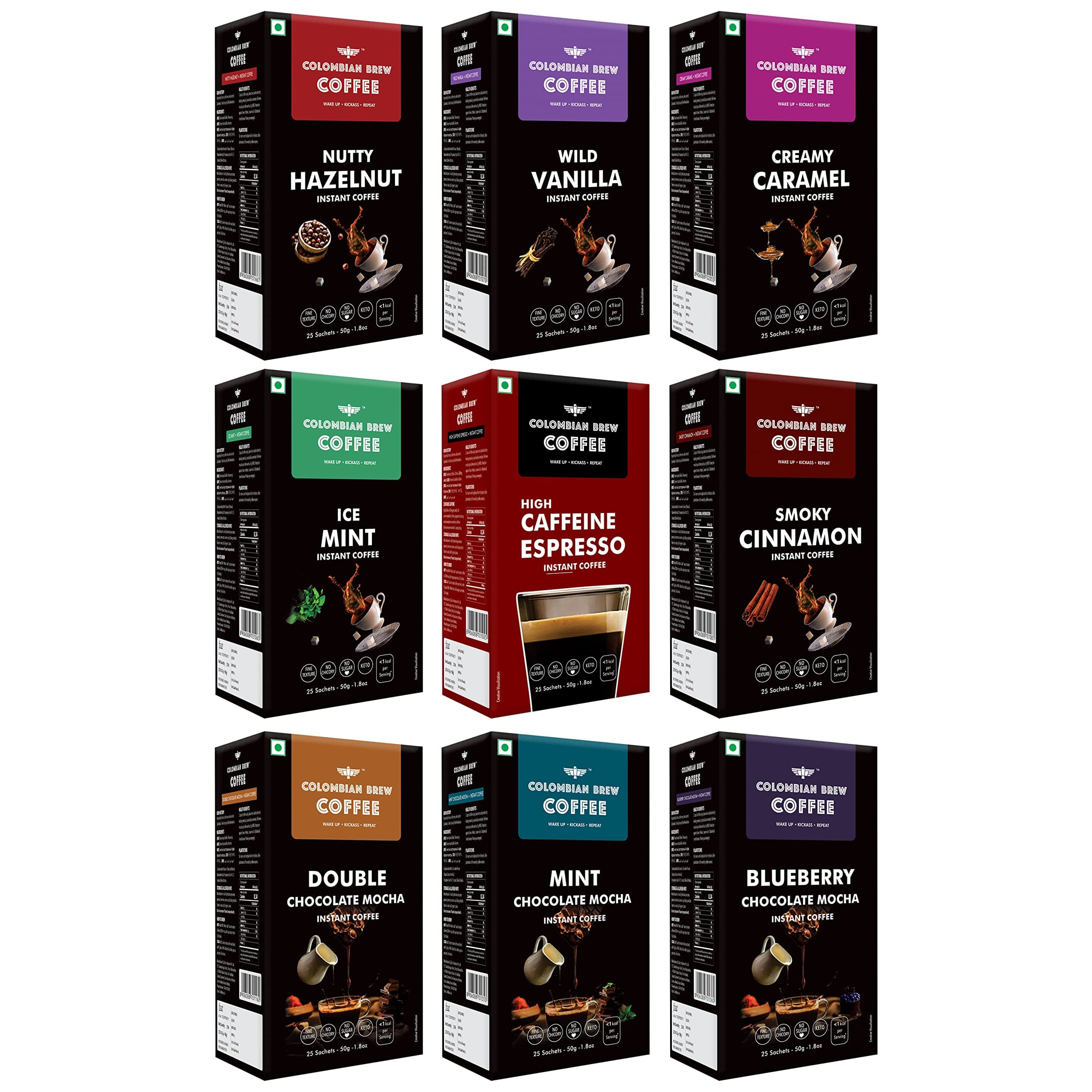 Colombian Brew Assorted, High Caffeine Espresso, Vanilla, Hazelnut, Caramel, Cinnamon, Double Chocolate, Blueberry, Mint Chocolate Mocha, Mint Instant Coffee Powder, 50g Each