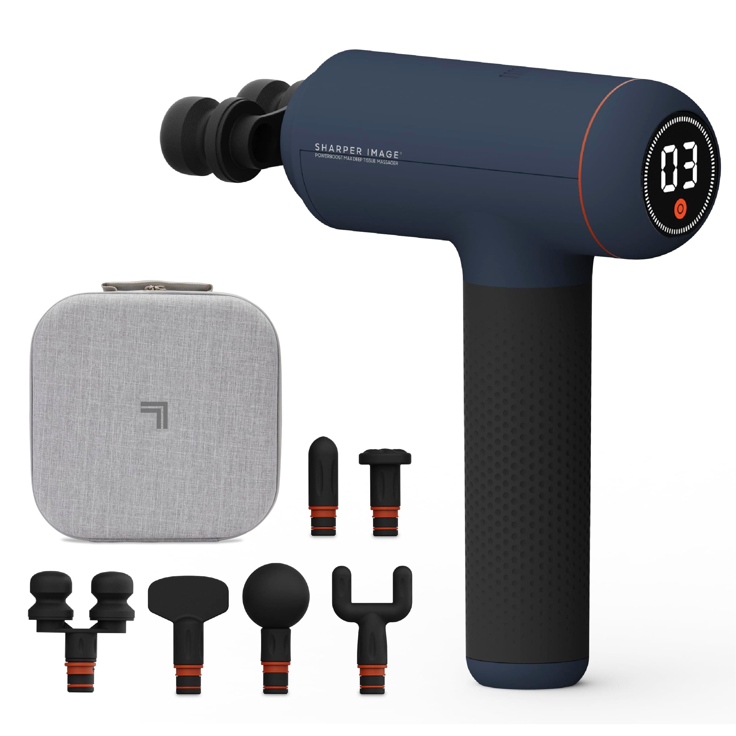 - Sharper Image Deep Tissue Percussion Massage Gun, Powerboost Max Rechargeable Handheld Massager, 7 Adjustable Speeds, 6 Attachment Heads & Carrying Case, Full Body Muscle Pain Relief, Blue