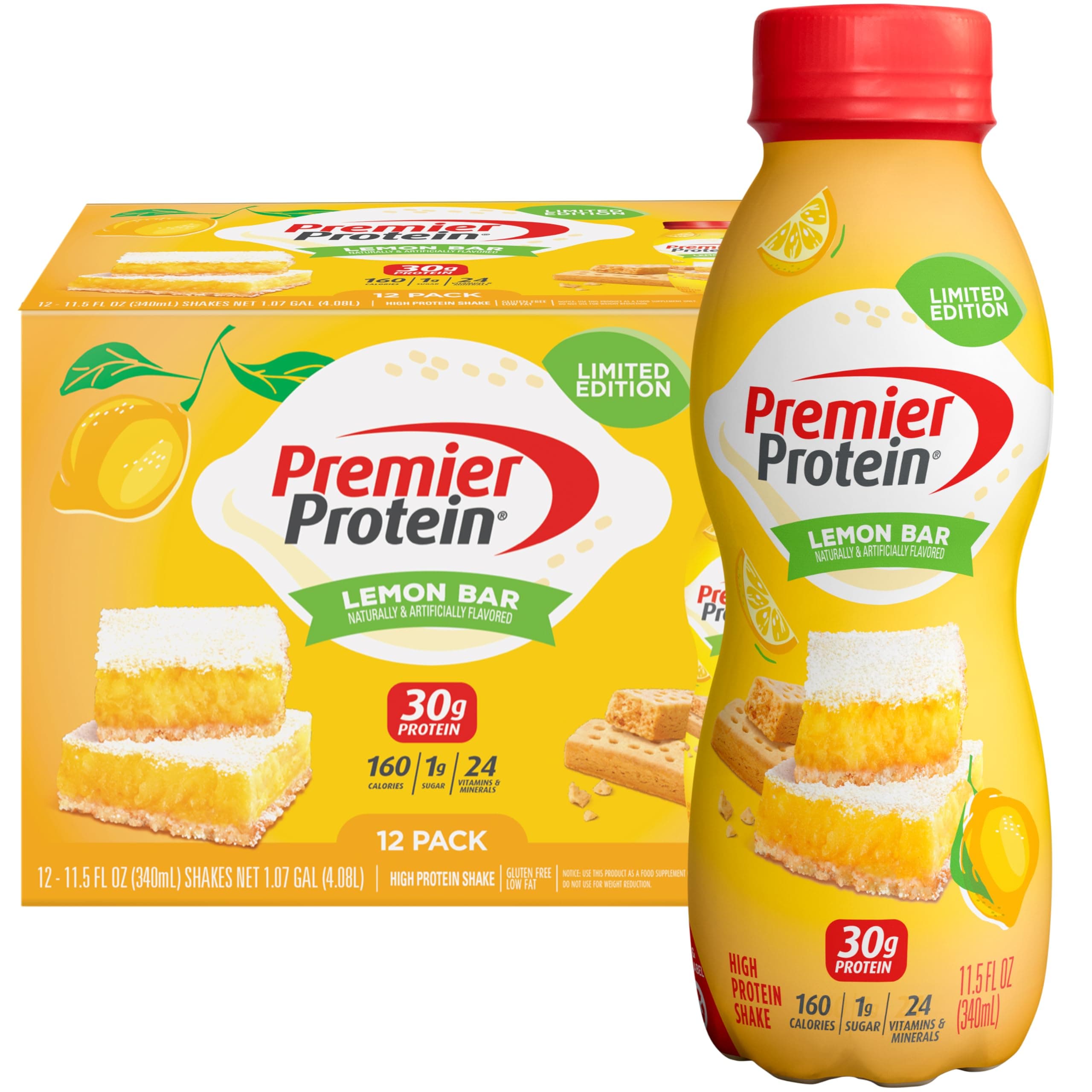 Premier Protein Shake, Limited Edition, Lemon Bar, 30g Protein, 1g Sugar, 24 Vitamins & Minerals, 11.5 Fl Oz (Pack of 12) Artwork Case
