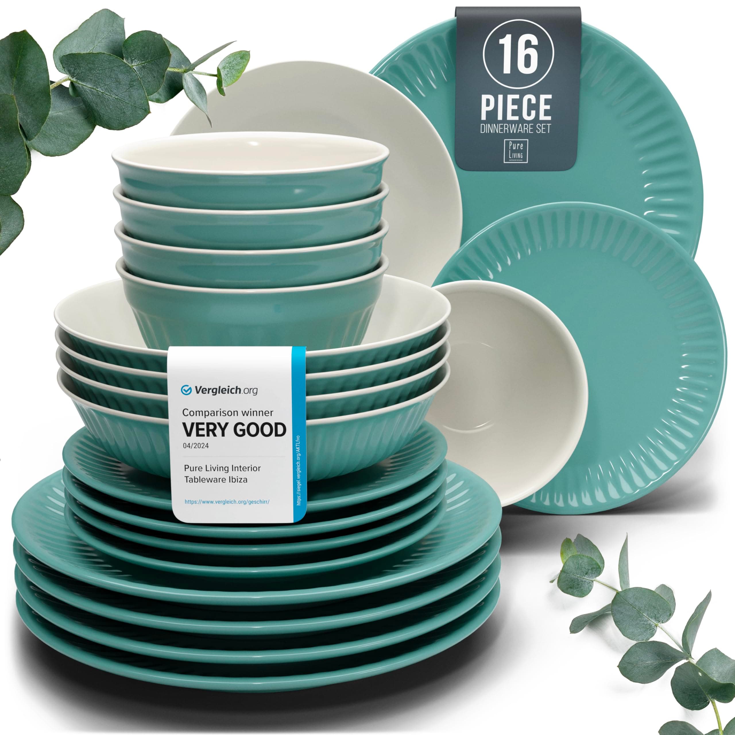 16-Piece Dinnerware Set - Bowl and Plate Set - Stoneware Dining Set for 4 People - Dishwasher and Microwave Safe - Grooved Dining Service in Green