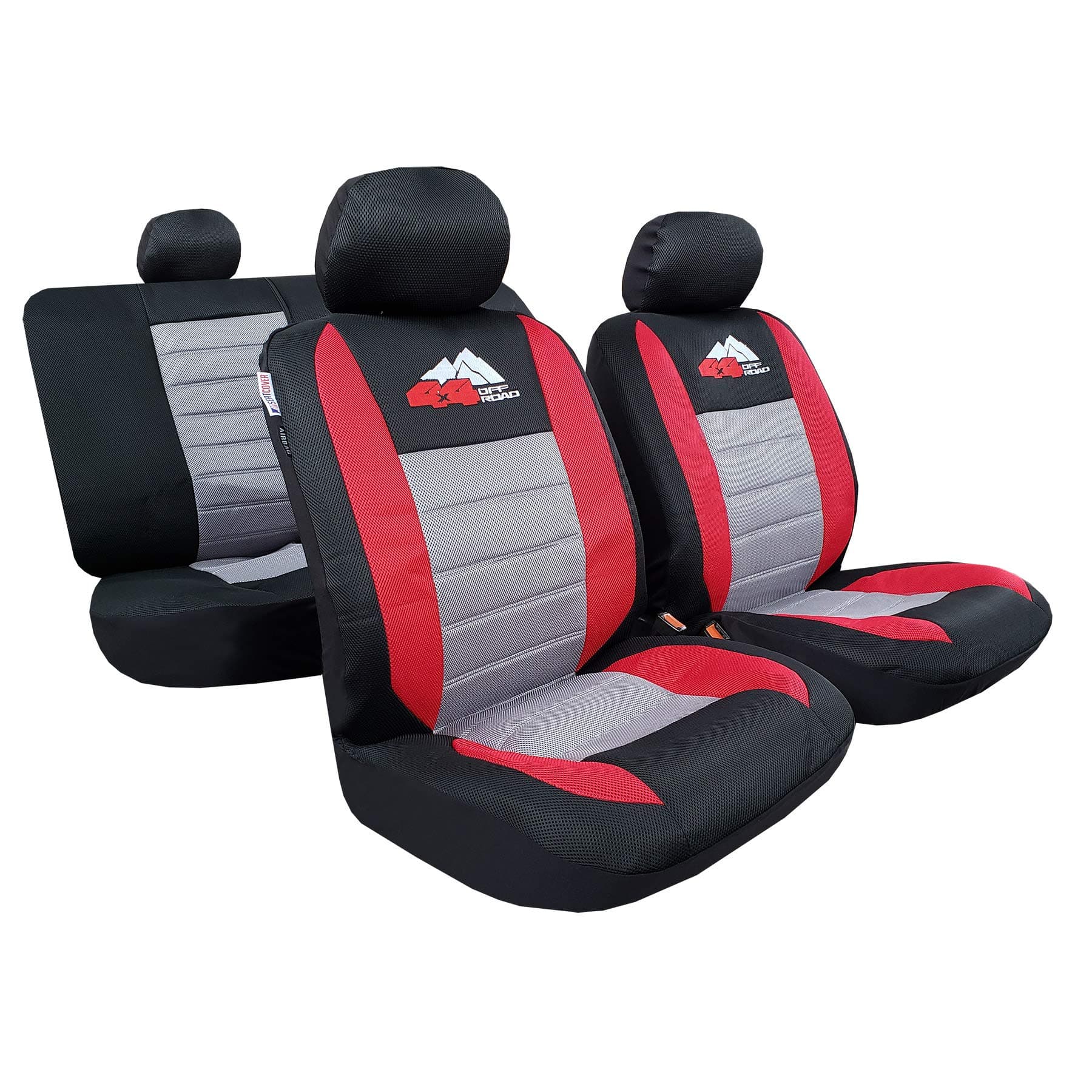 Car Seat Covers Airflow Mesh Embroidery Universal Size - Cool in Summer, Breathable Mesh - 9pcs Complete Set - Low Bucket Seat - 8 Color Options (Red 4 x 4)