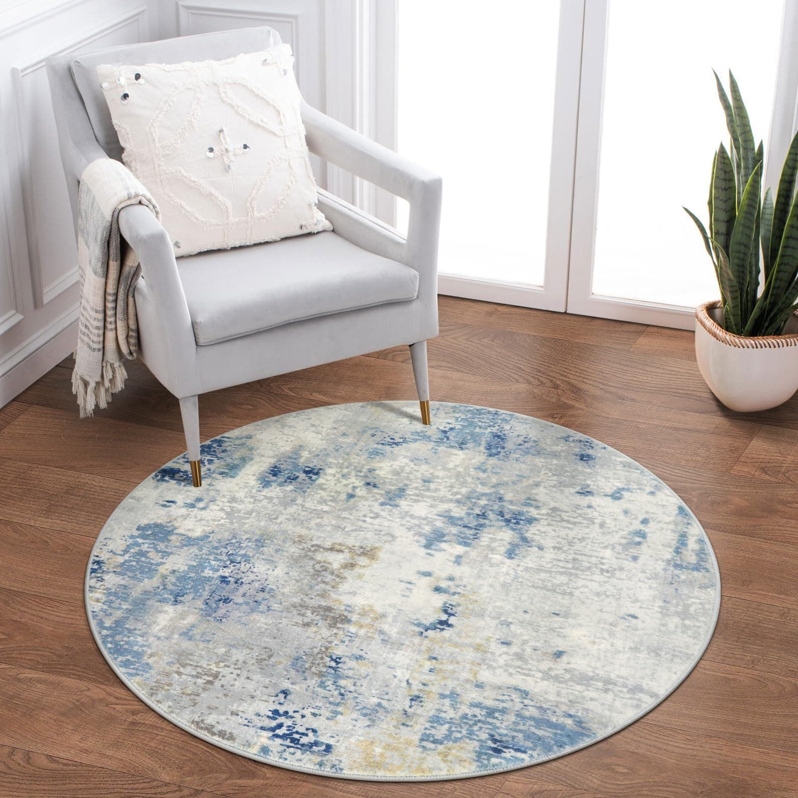 Lahome Modern Abstract Round Rug 3Ft, Blue Washable 3x3 Circle Rugs for Kitchen Entryway Soft Small Bedroom Mat Non Slip, Contemporary Indoor Floor Throw Carpet for Nursery Home Office