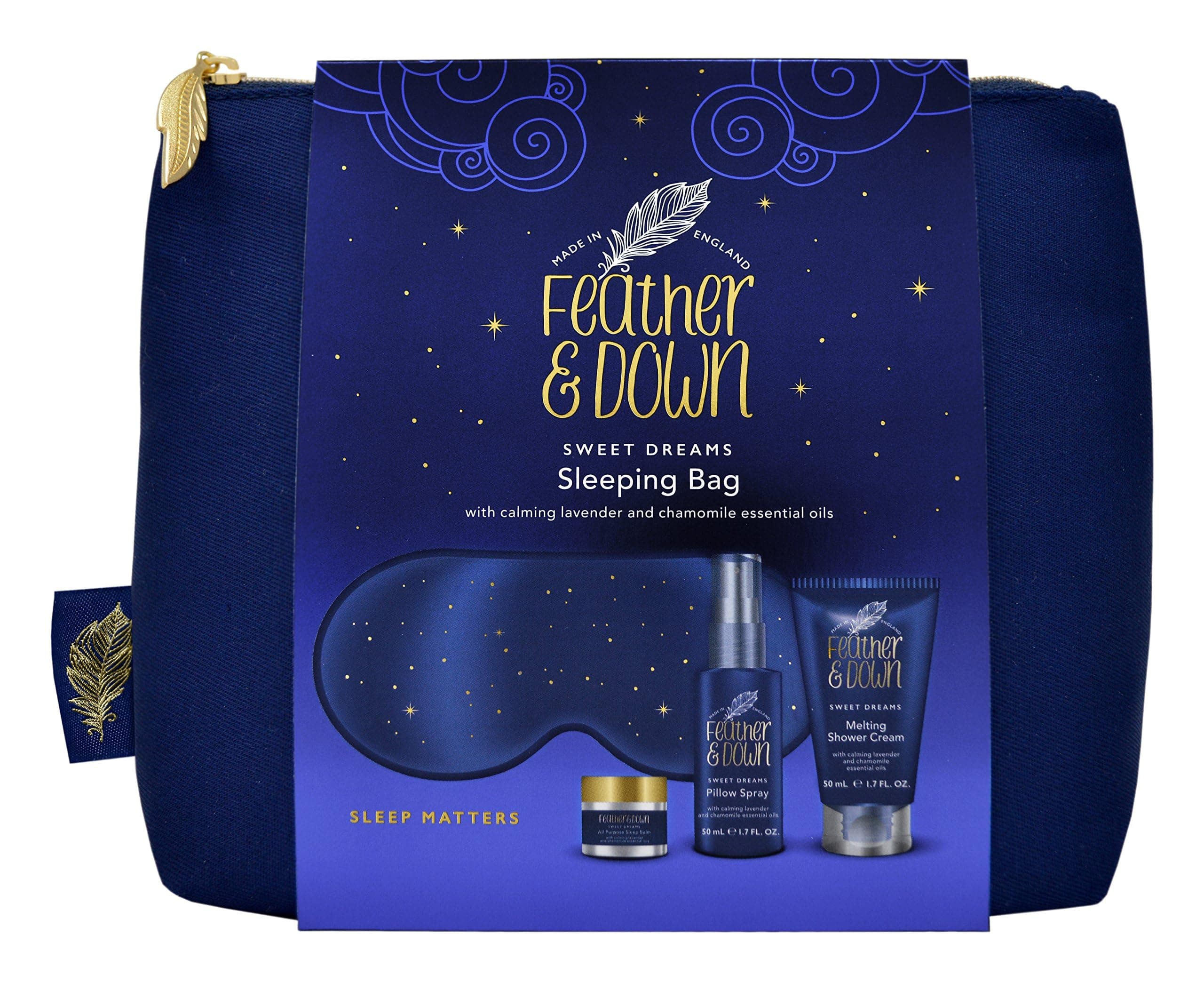 Sleeping Bag Gift Set (luxury eye mask, sleep balm, pillow spray and shower cream) - with calming lavender & chamomile essential oils. Vegan Friendly & Cruelty Free.