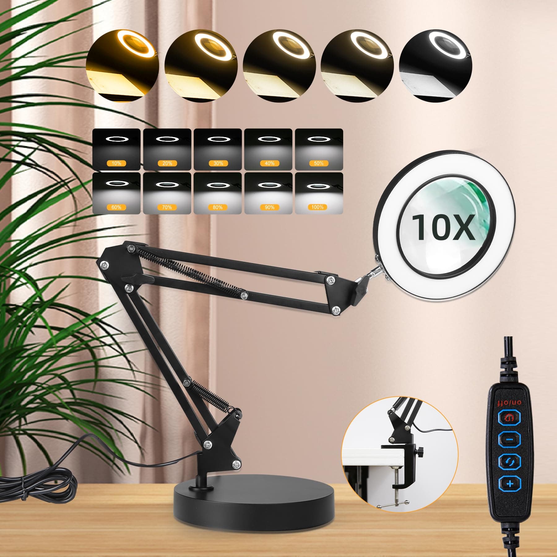 CHENBEN 10X Magnifying Glass with Light,Dimmable Magnifying Lamp with 5 Colors Modes,USB Desk Lamp With Stand,Adjustable Swivel Arm Reading Light for Repair Crafts Reading Close Work