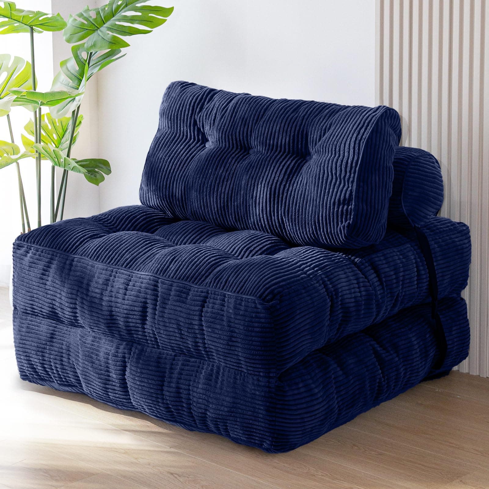 MAXYOYO Folding Sofa Bed, Convertible Sleeper Chair with Pillow Foldable Mattress with Back Support, Portable Fold Out Chair Bed Comfy Floor Sofa Lounge for Living Room Bedroom, Navy, Single