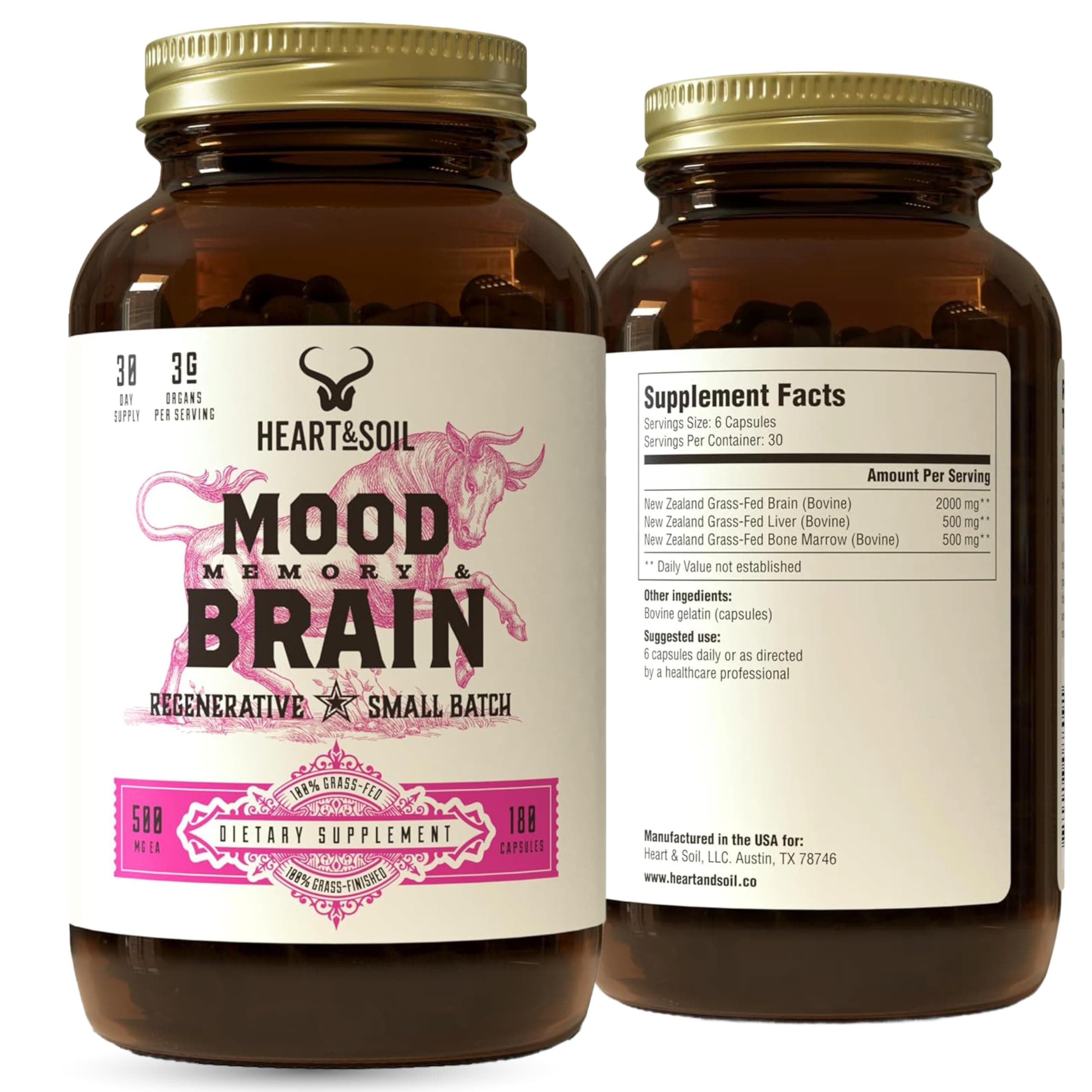 HEART & SOIL – 100% Grass Fed & Finished Beef Brain Supplement from Regenerative Cattle – for Cognitive Function & Memory – 3000mg Focus Supplement with Beef Organs – Glass Bottle – 180 Capsules