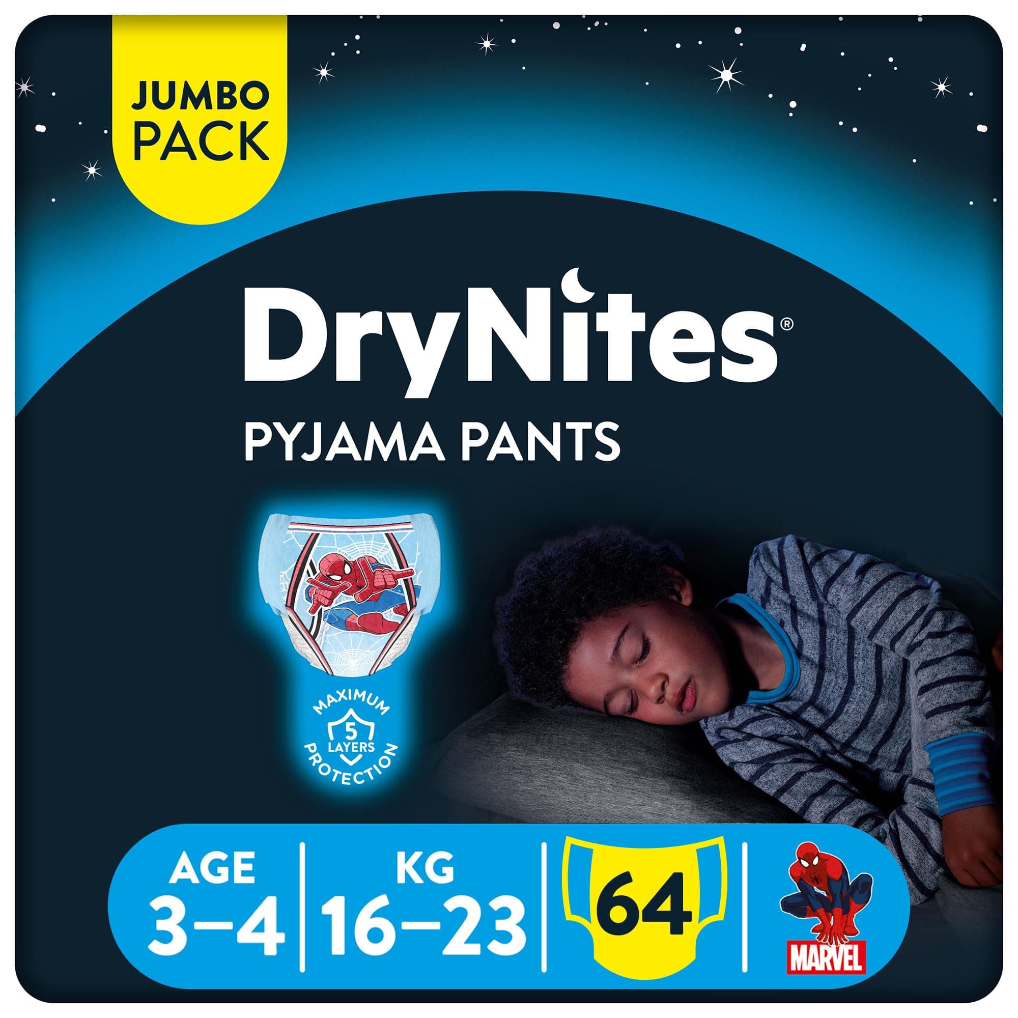Huggies DryNites Pyjama Pants, 3-4 years, Bed Wetting Diaper, Boy, 16-23 kg, 4 x Jumbo Packs, 64 Pants