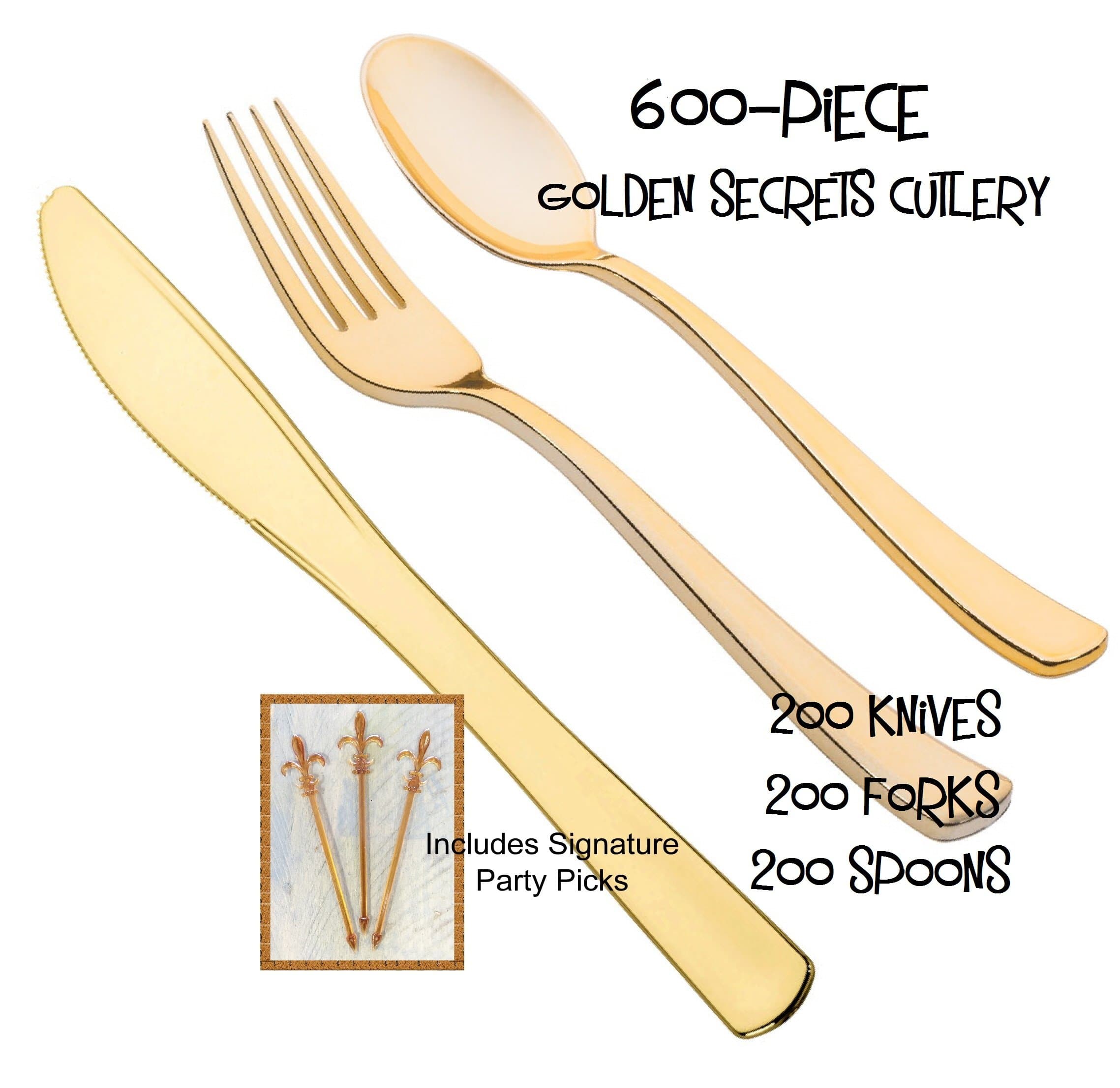 Gold Plastic Cutlery 600-PIECE Combo Pack, GOLDEN SECRETS, Includes 200 Forks, 200 Knives, 200 Spoons w/Signature Party Picks