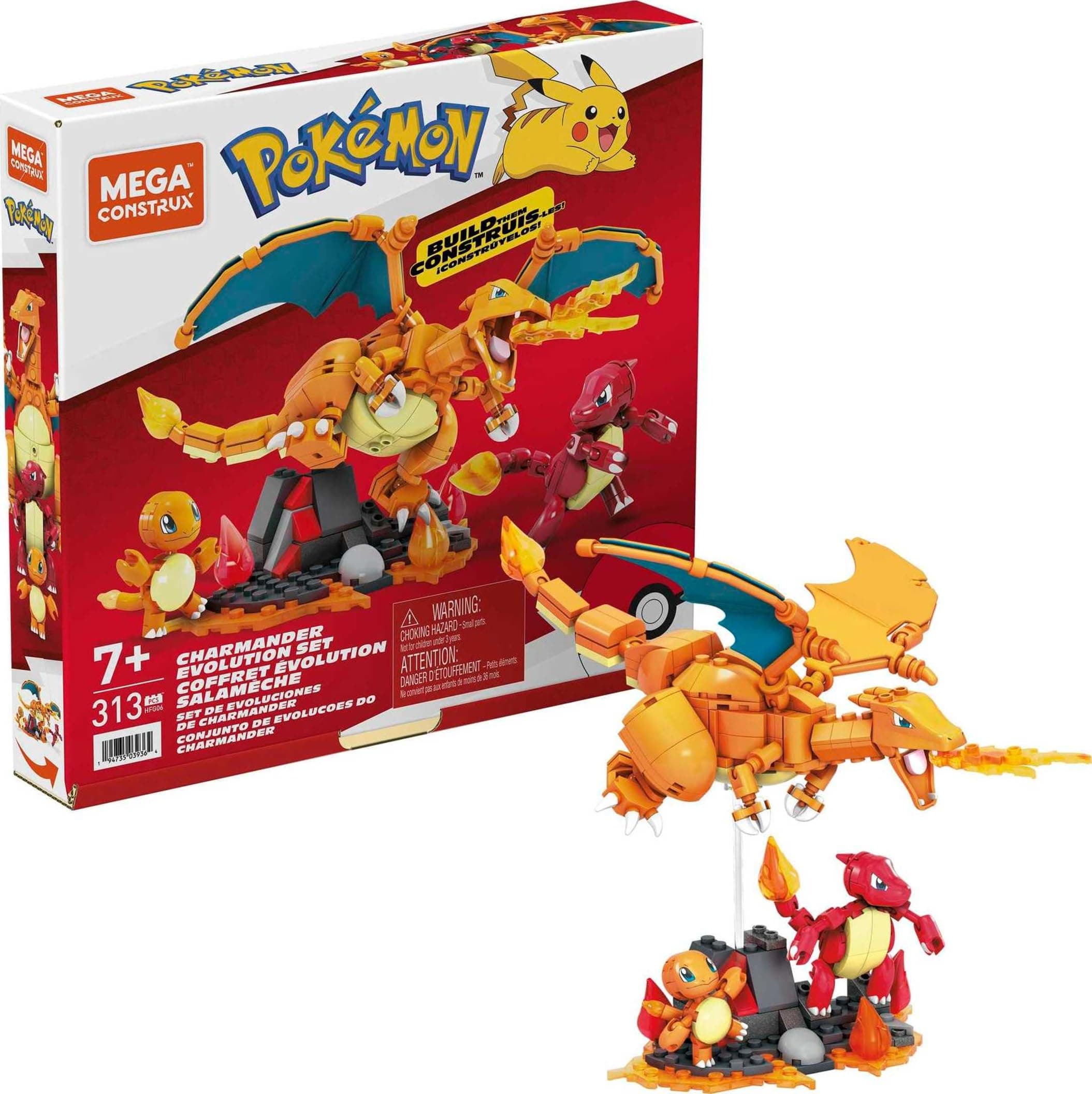 MEGA Pokémon Action Figure Building Toys for Kids, Charmander Evolution Set with 313 Pieces, 3 Poseable Characters, Charmeleon and Charizard
