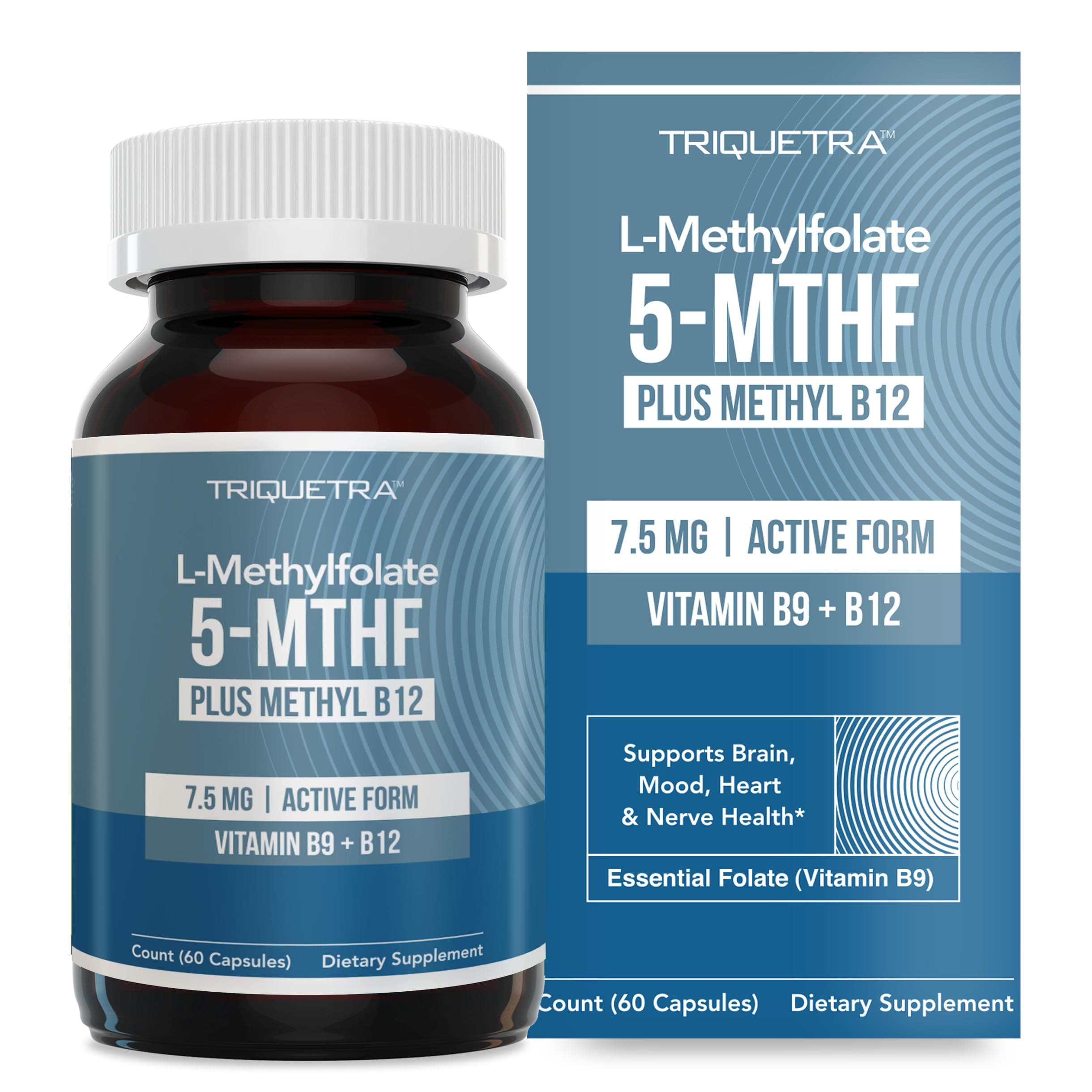 L Methylfolate 7.5mg plus Methyl B12 - Active 5-MTHF Form, MTHFR Supplement - Bloodstream Ready Methylated Folate + B12 Cofactor - Supports Mood, Homocysteine Methylation, Cognition (60 Capsules)
