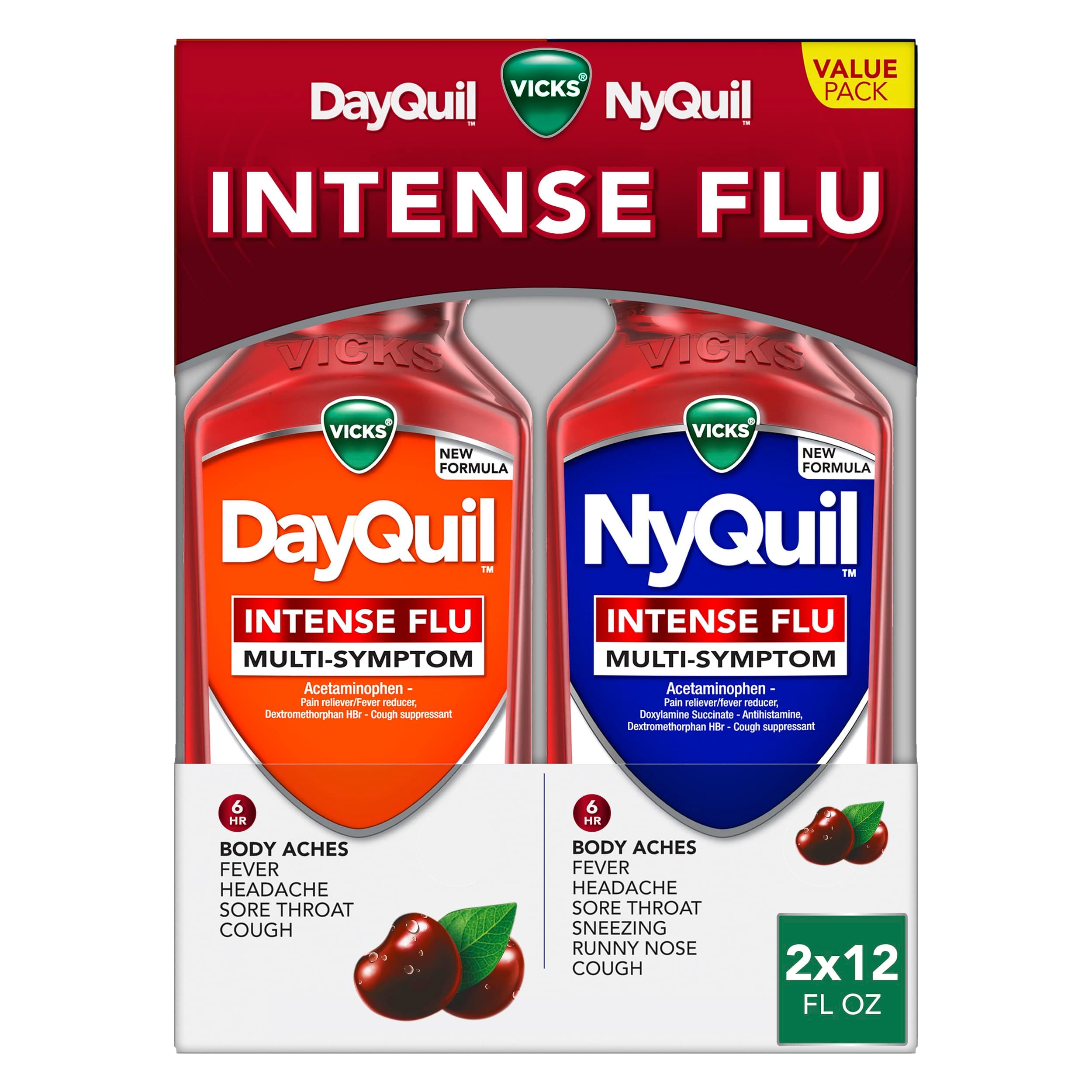 DayQuil & NyQuil Intense Flu Liquid, Value Pack, Over-the-Counter, Multi-Symptom, Powerful Relief for Body Aches, Fever, Headache, Sore Throat, and Cough, 6 Hour Relief, Cherry Flavor, 12 FL OZ