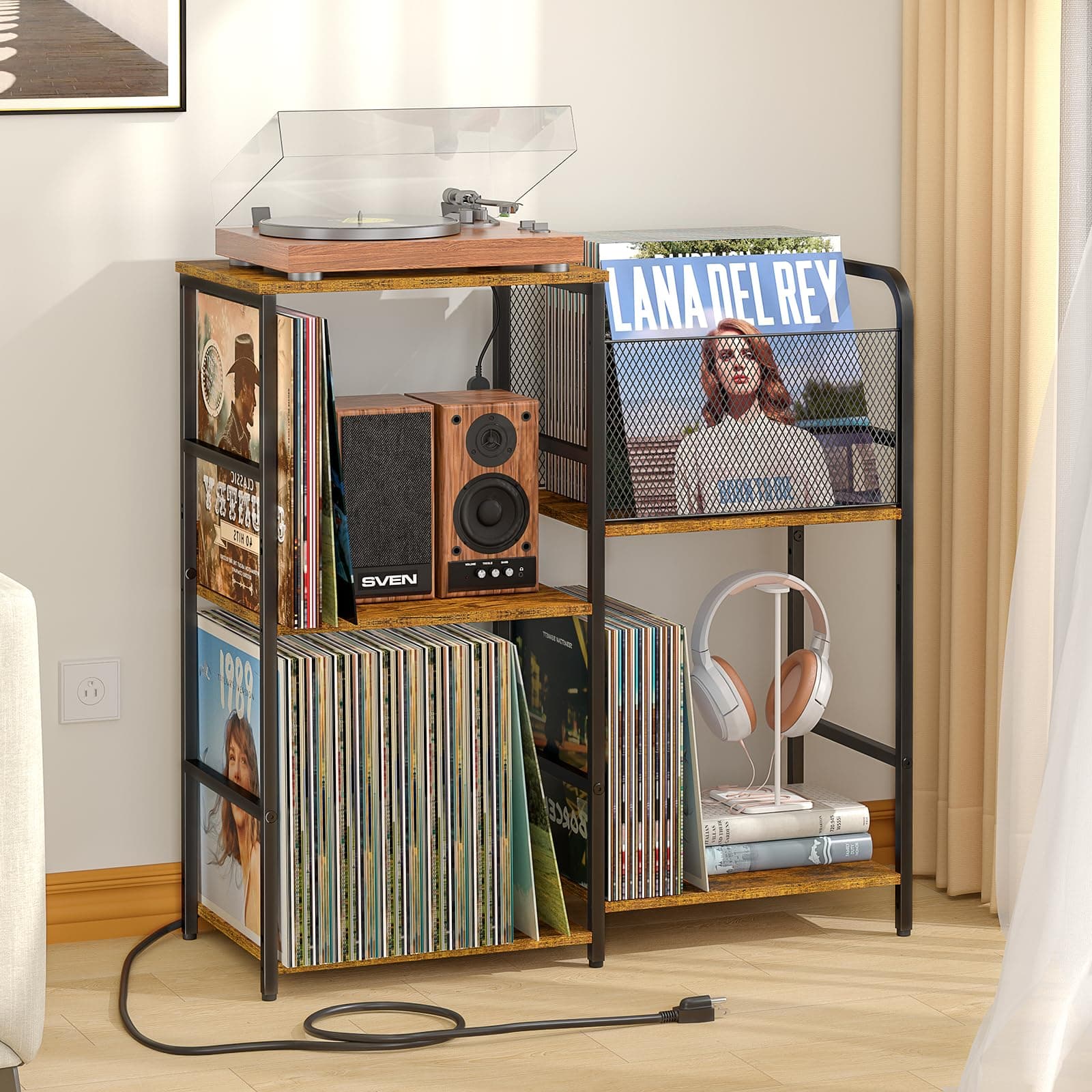 Record Player Stand with Power Outlets, Turntable Stand with Vinyl Storage Holds up to 300+ Albums, Storage Cabinet for Vinyl Records, Record Player Table with LED Light for Living Room