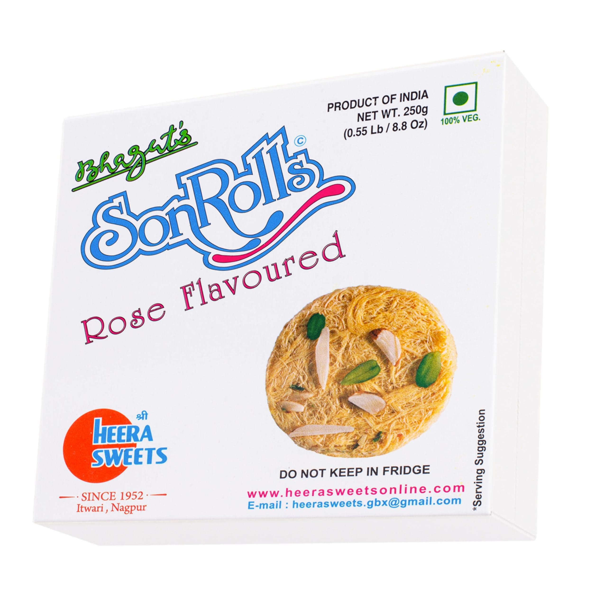 Bhagat’s Heera Sweets Rose Son Rolls 250 gm from Nagpur | Premium Indian Son Rolls Mithai | Perfect for Diwali Indian Sweets, Rose Soan Rolls Gifts & Hampers