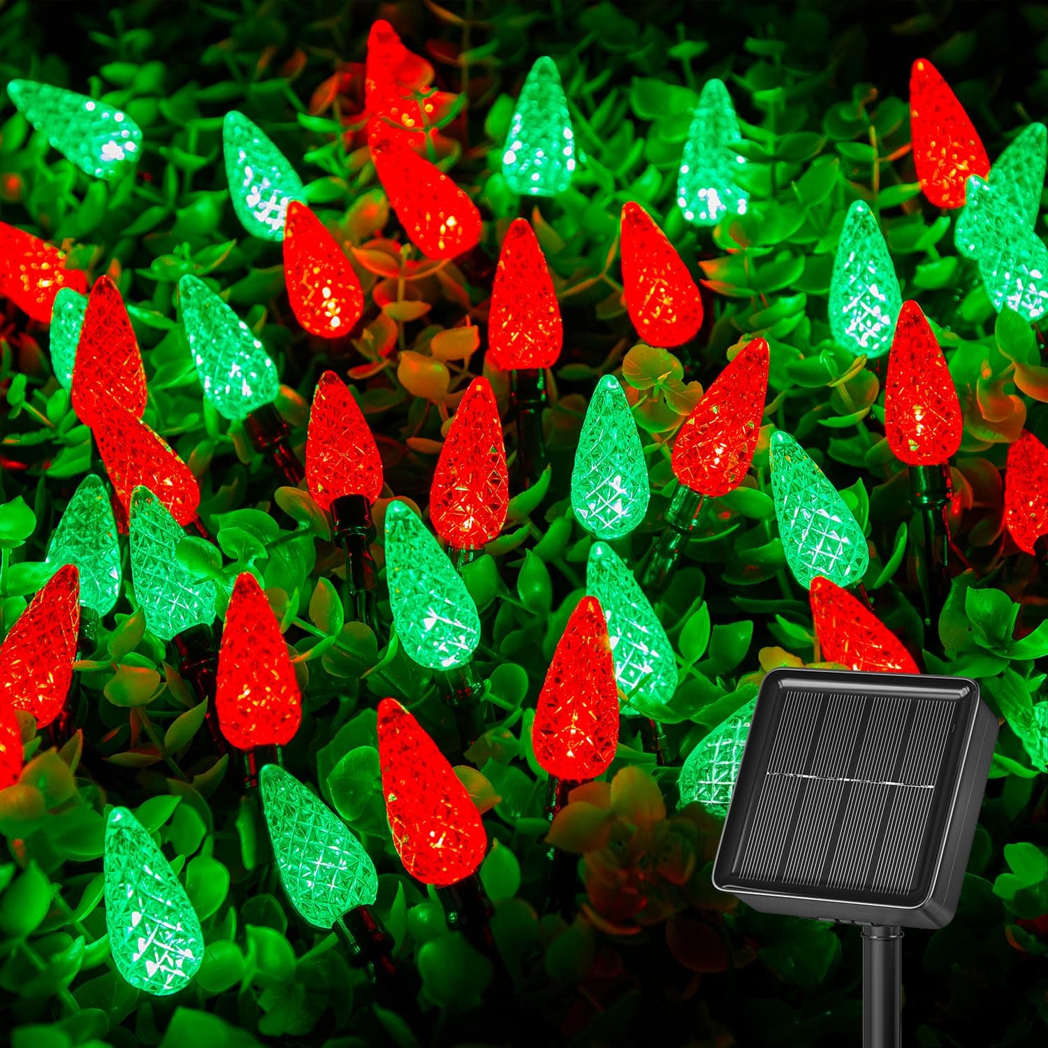 Brightown Solar Operated C6 Strawberry String Lights, 22.64ft 50 LEDs Red Green LED Christmas Fairy Lights, Solar Christmas Lights Outdoor, Christmas Decorations for Christmas Tree, Garden Decor