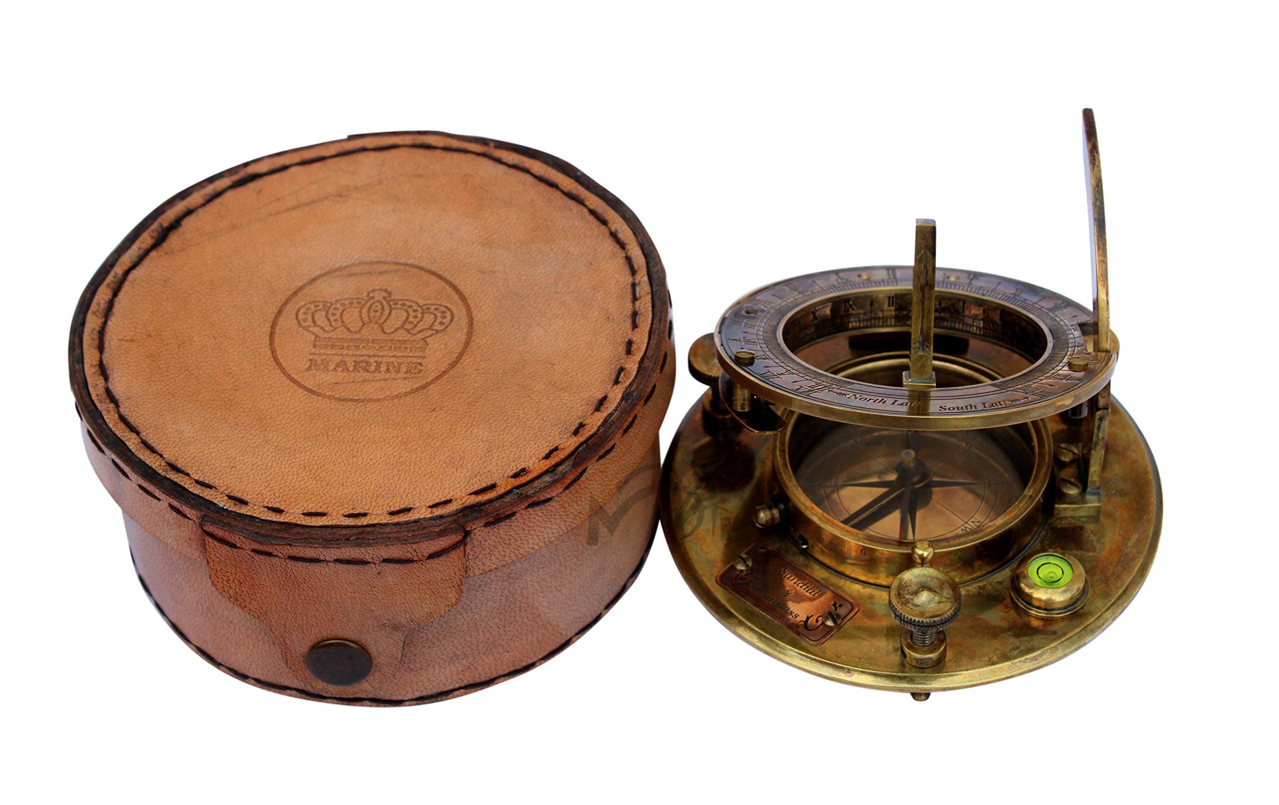 Brass Sundial Compass with Leather Box - Marine Nautical - Sun Clock - Steampunk Accessory C-3096-A