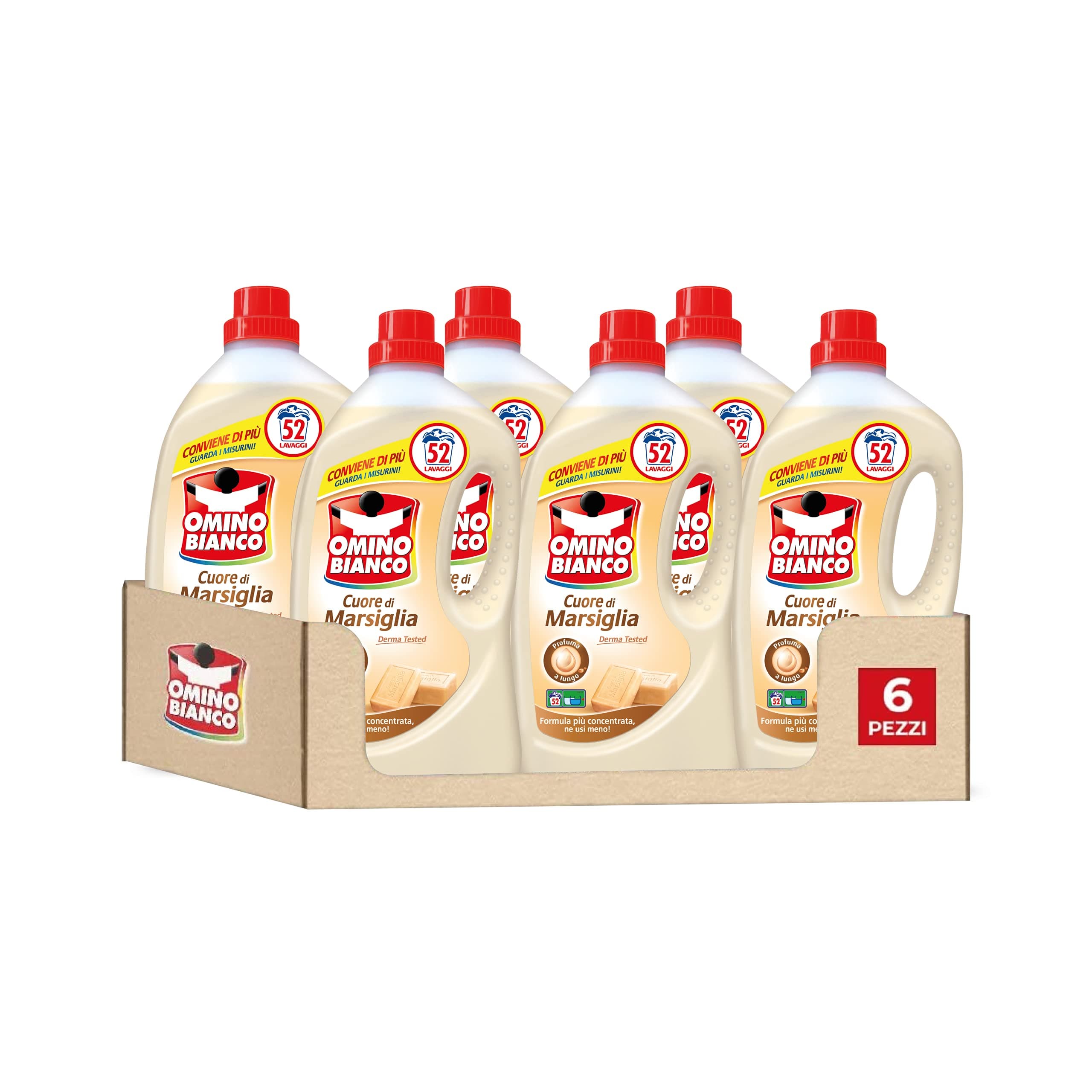 Liquid Washing Machine Detergent, 312 Washes, Respects Colours and Fabrics, Fresh Perfume with Heart of Marseille Essence, 2600 ml x 6 Packs