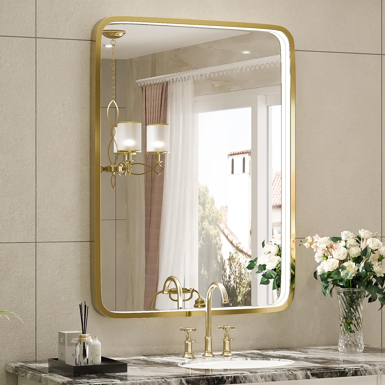 20X28 Inch Framed LED Lighted Bathroom Mirror,Wall Mounted Gold Metal Vanity Mirrors with Lights,Dimmable Illuminated Anti-Fog Mirror(Horizontal/Vertical)