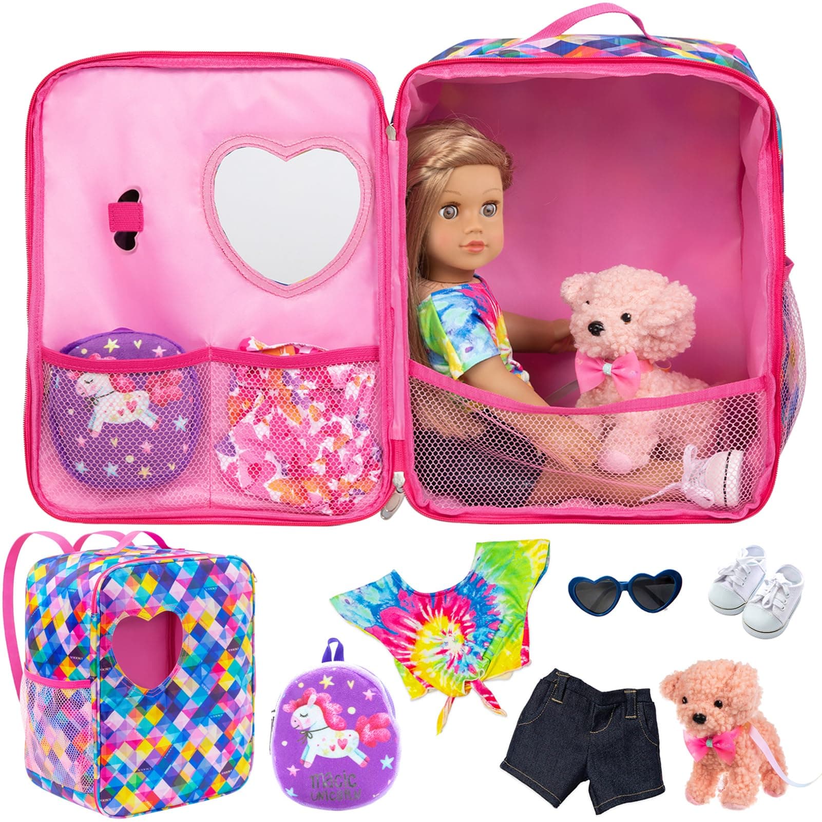 5 Items 18 inch Dolls Bag Set and Accessories Including 18 Inch Doll Clothes, Shoes, Sunglasses, Doll Backpack and Toy Dog