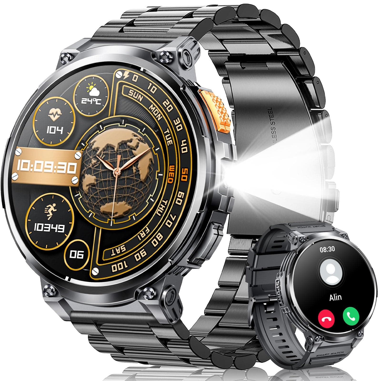 Military Smart Watch for Men 1.85” Big Screen Smart Watch, LED Flashlight/730mAh Battery/100+ Sports Modes Fitness Watch, Heart Rate Sleep Tracker Smartwatch for iOS Android (Black Stainless Steel)