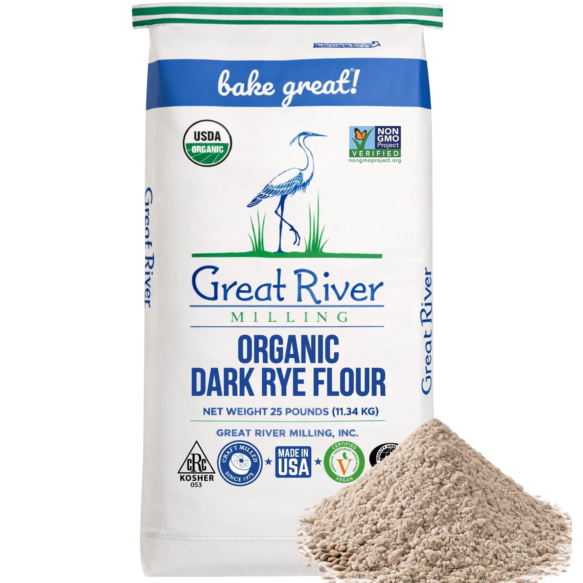 Great River Milling Organic Dark Rye Flour | Whole Grain, Non-GMO, Kosher, Unbromated | Earthy Flavor for Rye Bread, Sourdough Starter, Bagels, Crackers & Artisan Baking | 25 Lb