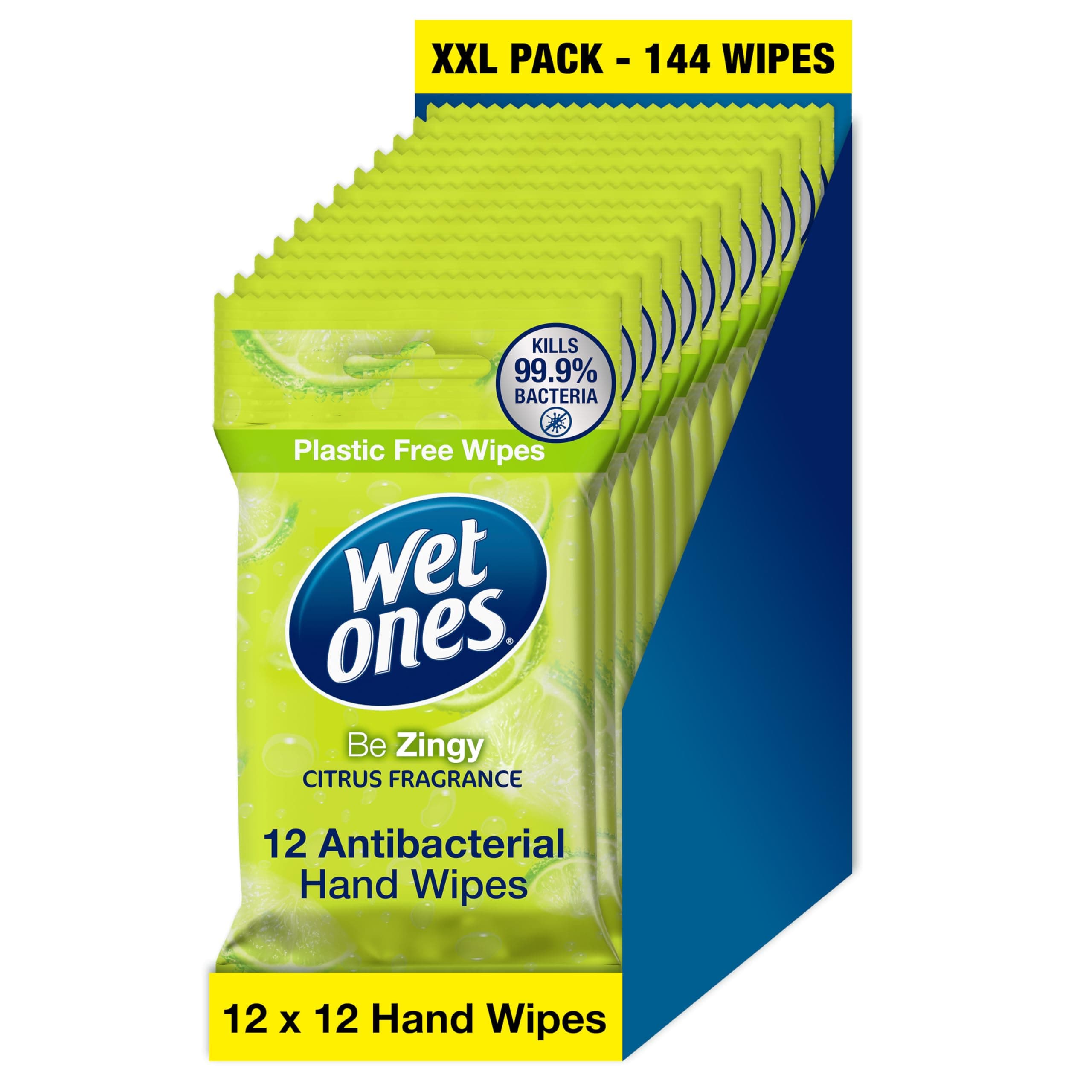Wet Ones – Be Zingy – Plastic Free Antibacterial Pocket Size Hand Wipes - 144 wipes – 12 packs x 12 wipes